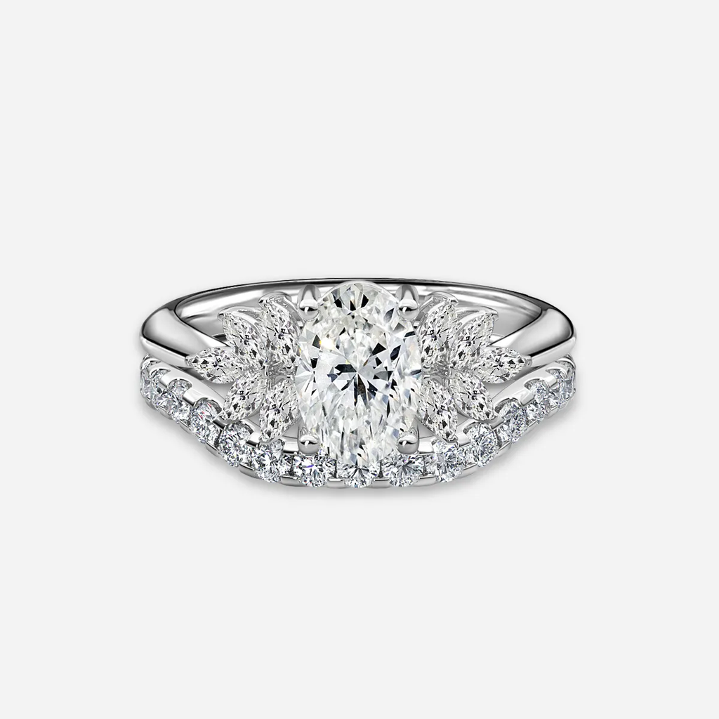 1.0 CT Oval Cut Moissanite Cluster Bridal Ring Set