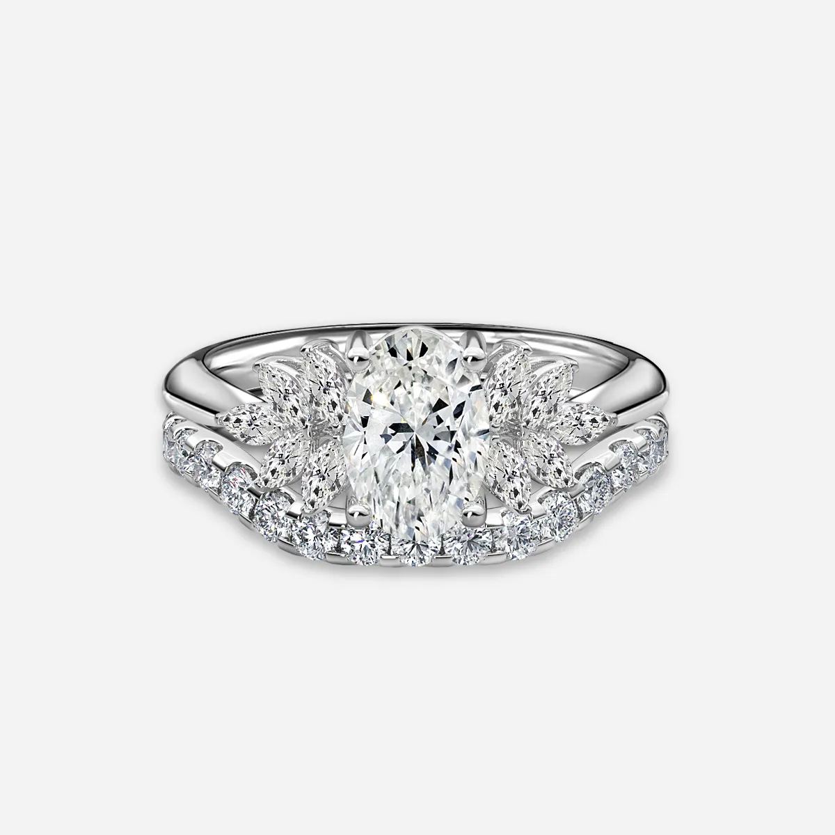 1.0 CT Oval Cut Moissanite Cluster Bridal Ring Set