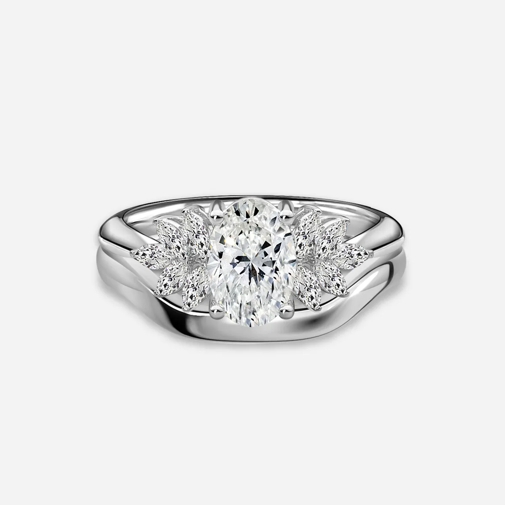 1.0 CT Oval Cut Moissanite Cluster Bridal Ring Set