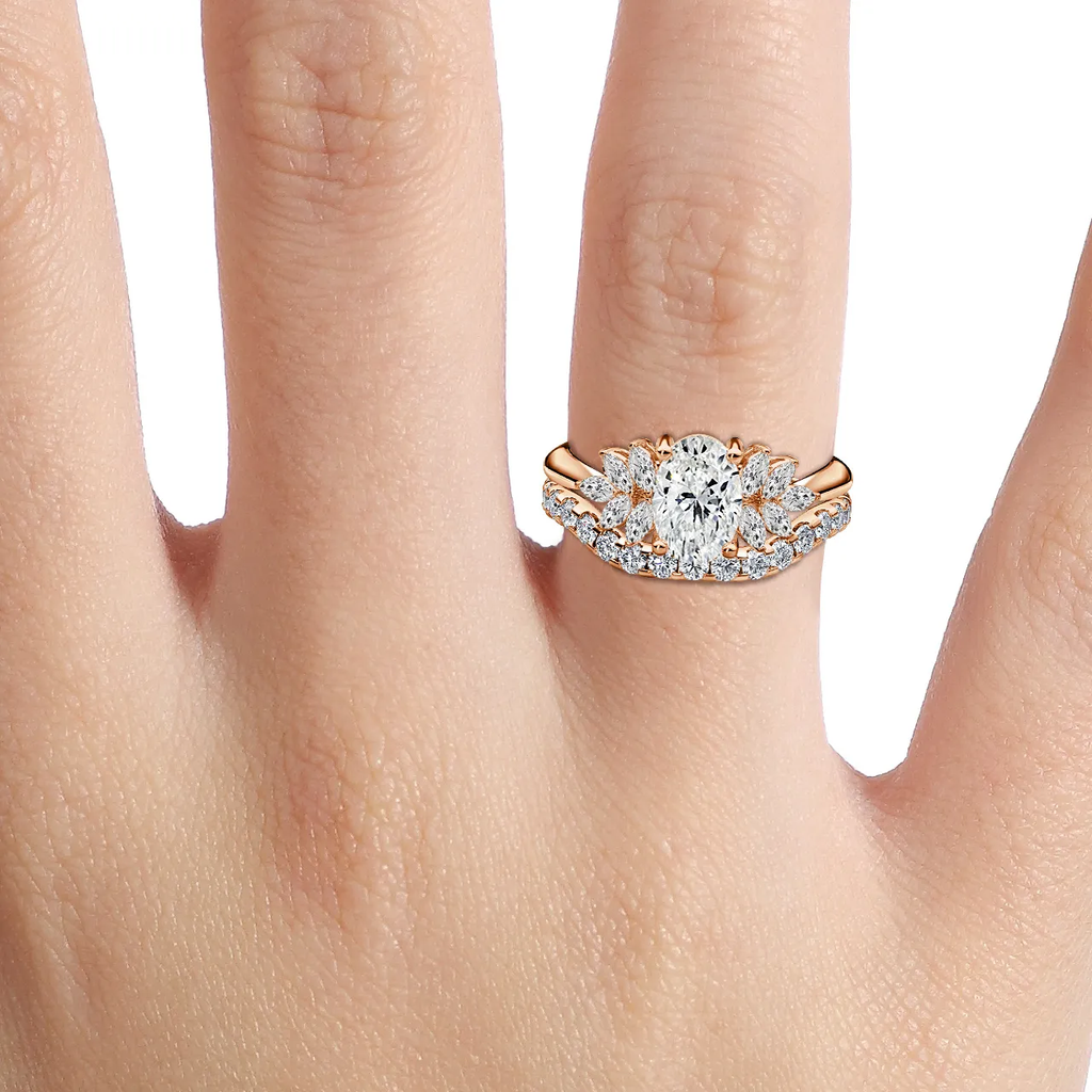 1.0 CT Oval Cut Moissanite Cluster Bridal Ring Set
