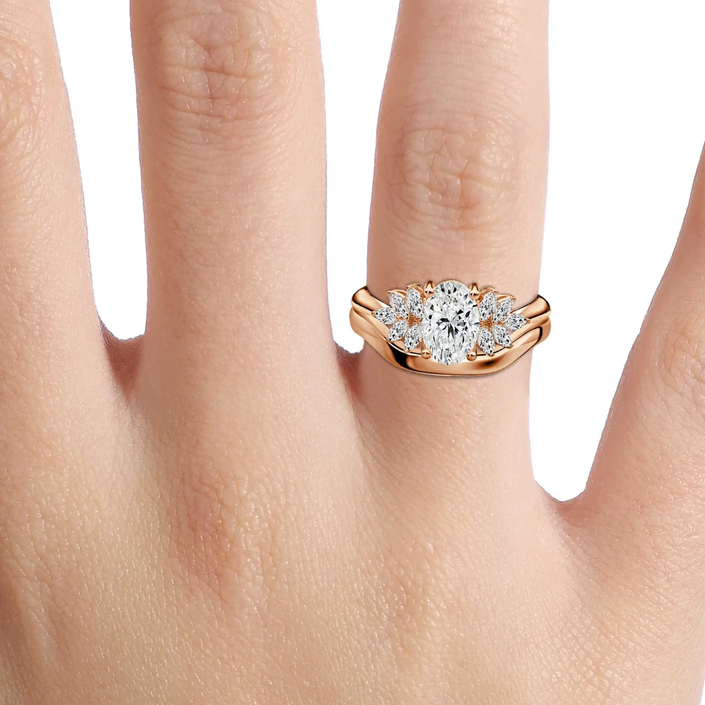 1.0 CT Oval Cut Moissanite Cluster Bridal Ring Set