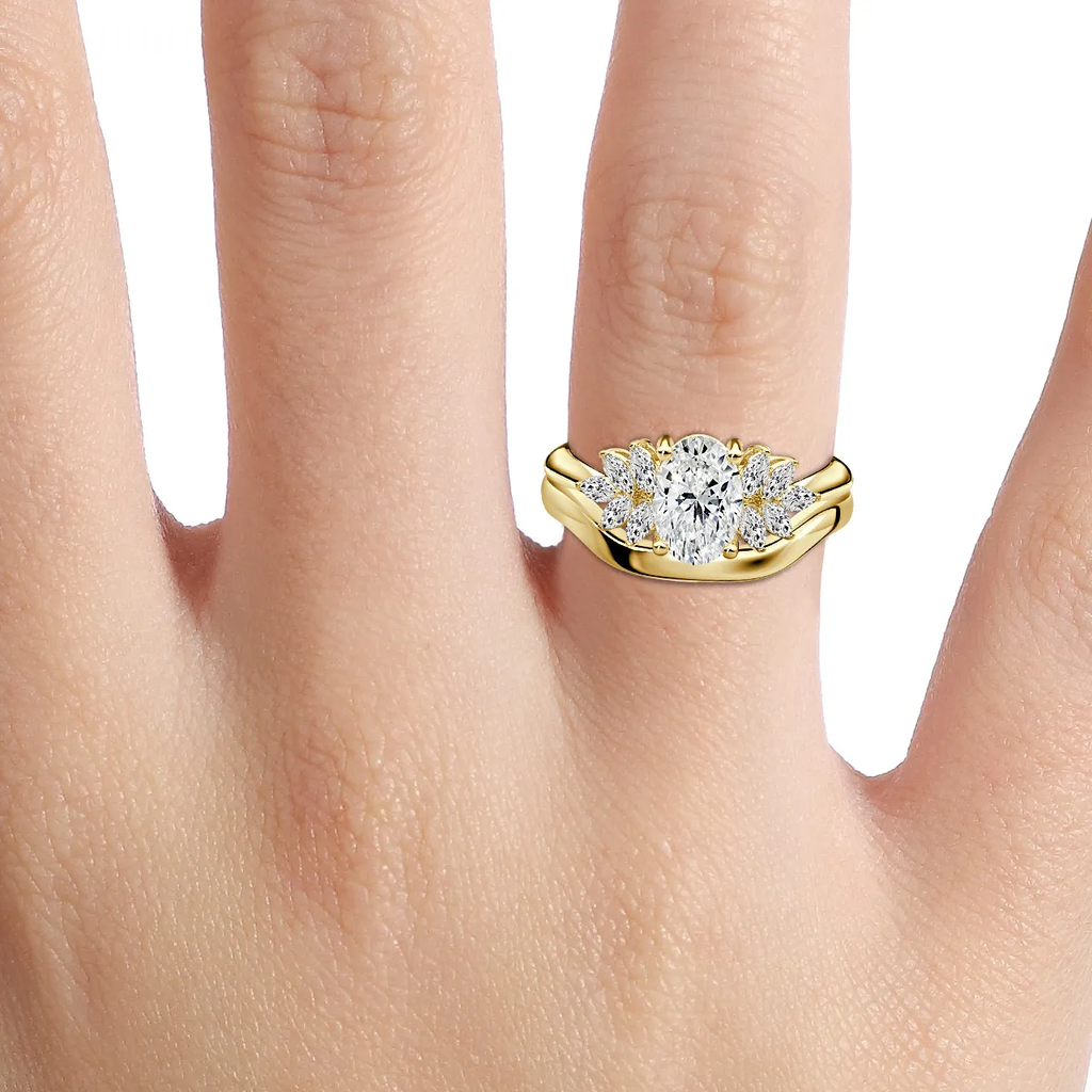 1.0 CT Oval Cut Moissanite Cluster Bridal Ring Set