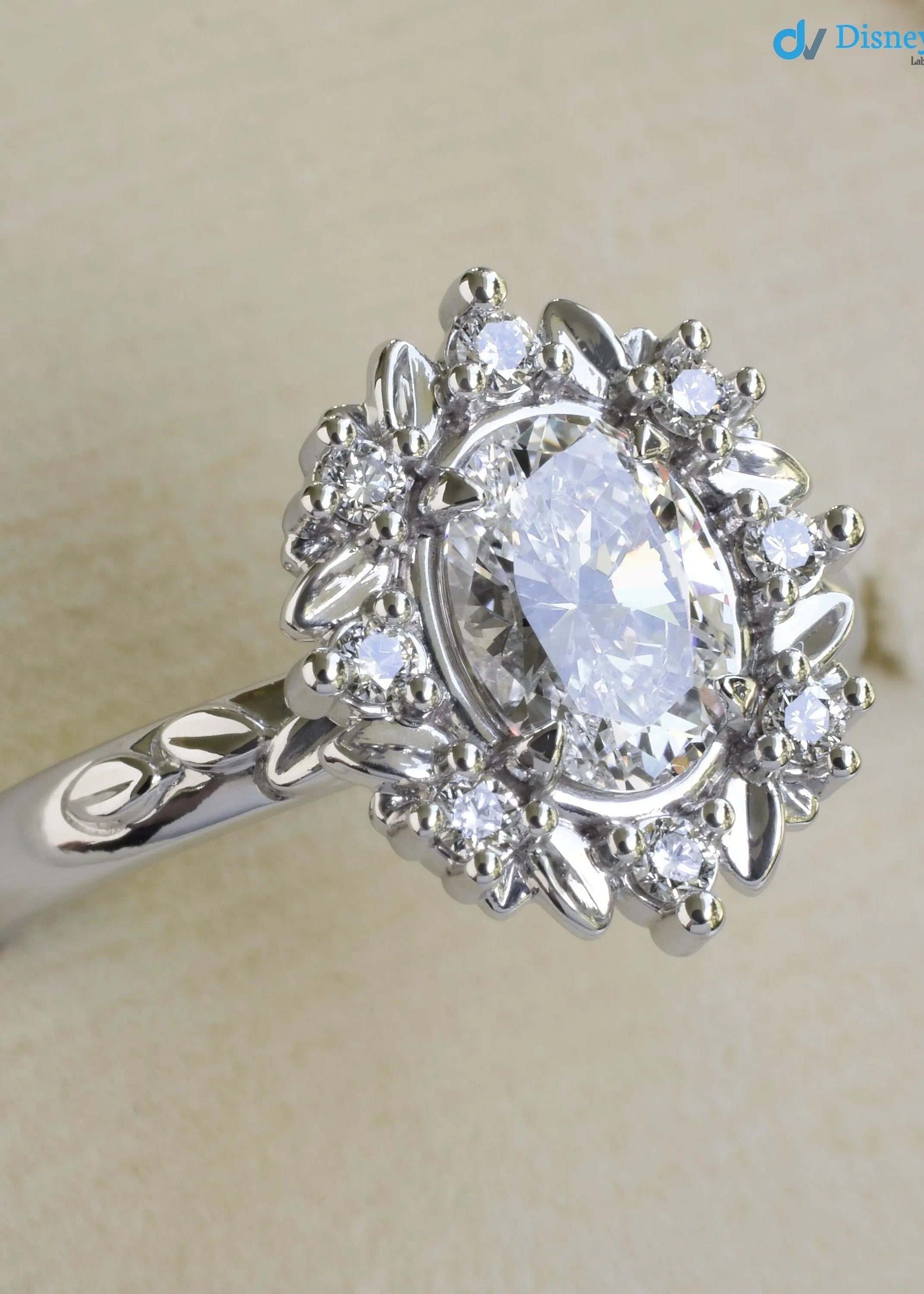 Antique Style Halo Featuring an Oval Cut Moissanite Vintage Leaves Rings - DisneyValley Main image