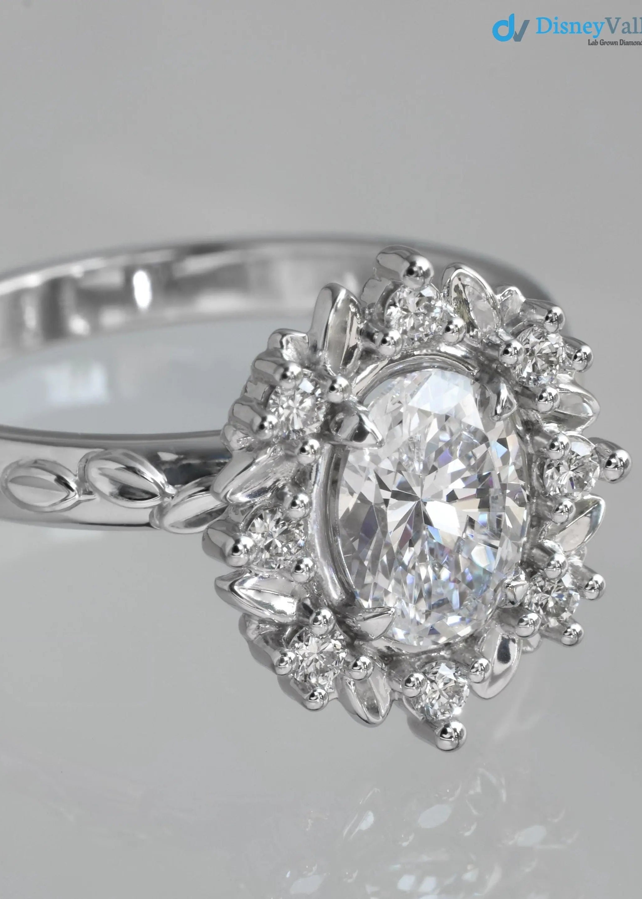 Antique Style Halo Featuring an Oval Cut Moissanite Vintage Leaves Rings - DisneyValley