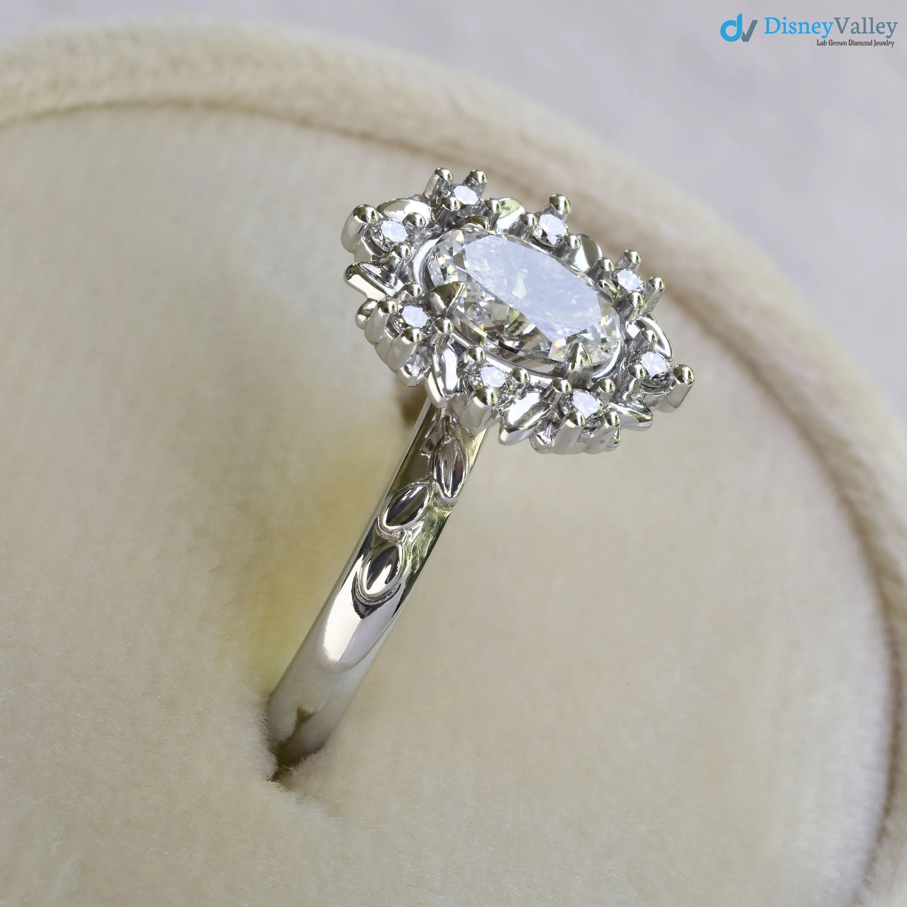 Antique Style Halo Featuring an Oval Cut Moissanite Vintage Leaves Rings - DisneyValley