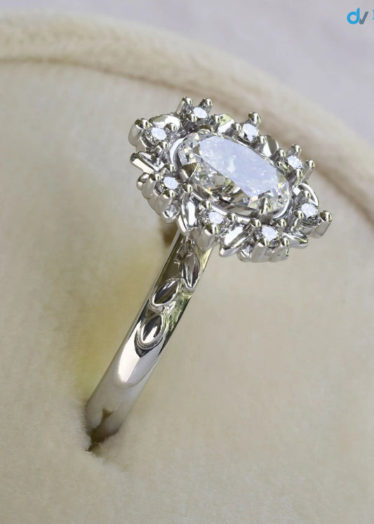 Antique Style Halo Featuring an Oval Cut Moissanite Vintage Leaves Rings - DisneyValley