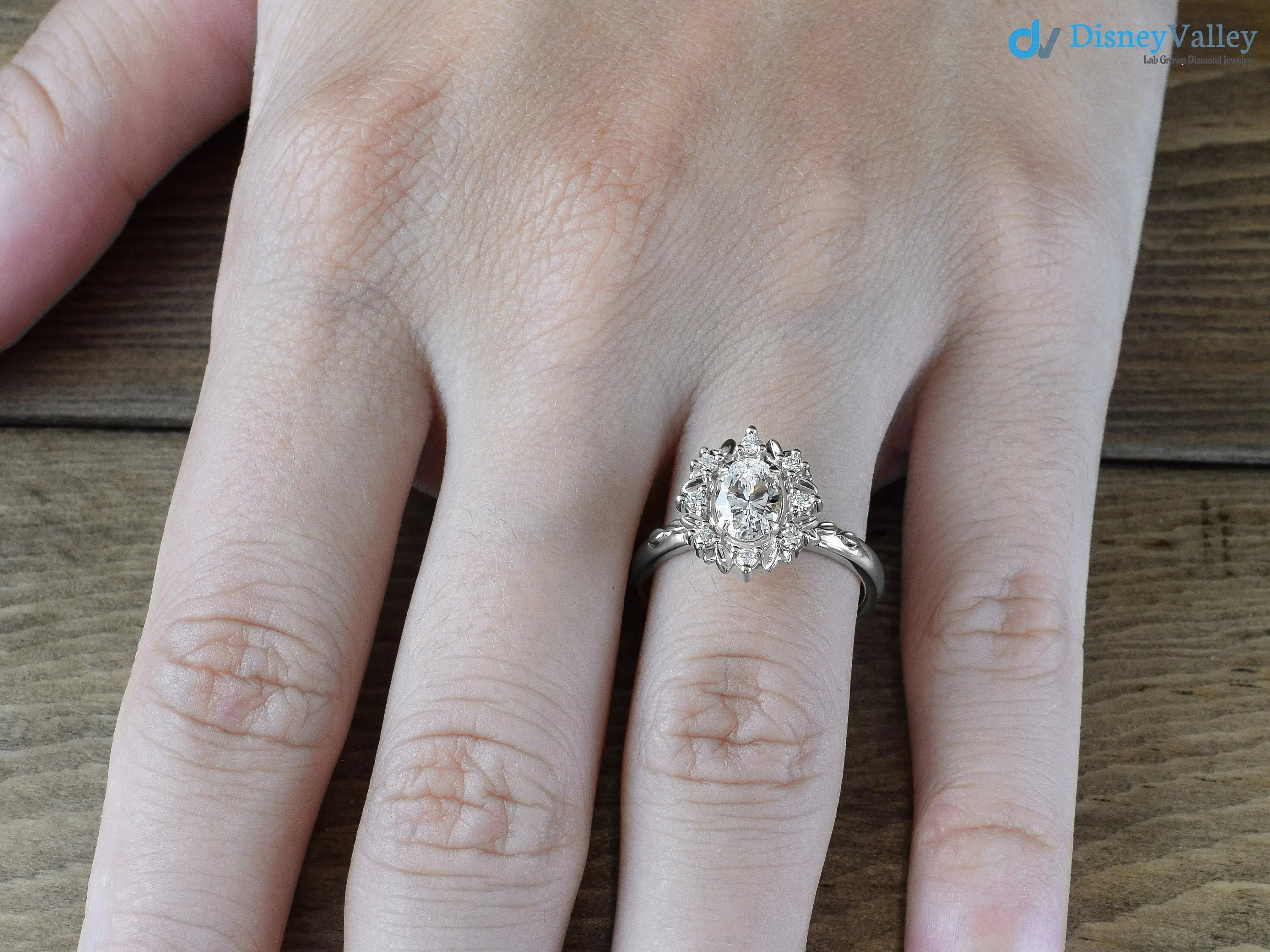 Antique Style Halo Featuring an Oval Cut Moissanite Vintage Leaves Rings - DisneyValley