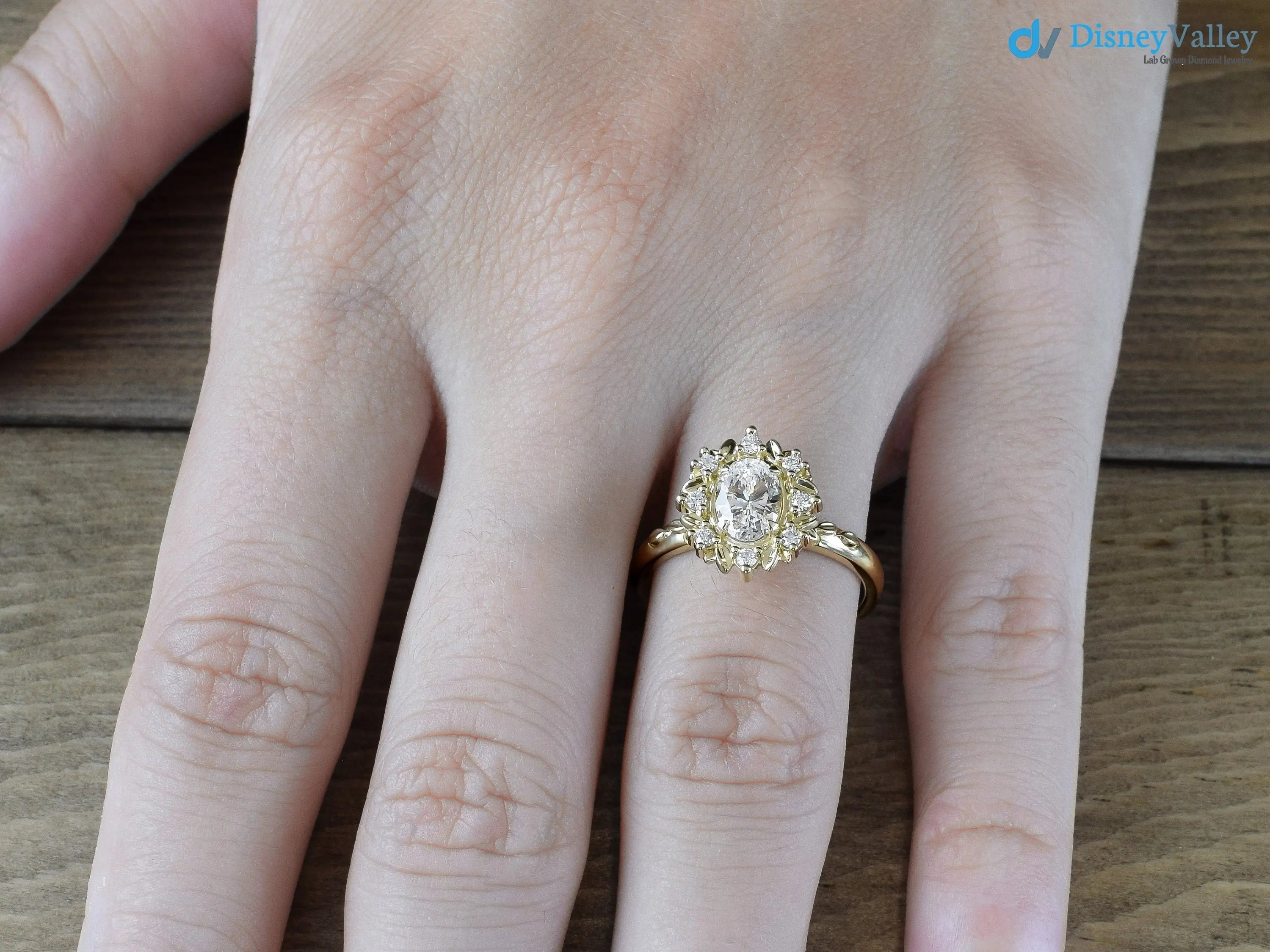 Antique Style Halo Featuring an Oval Cut Moissanite Vintage Leaves Rings - DisneyValley