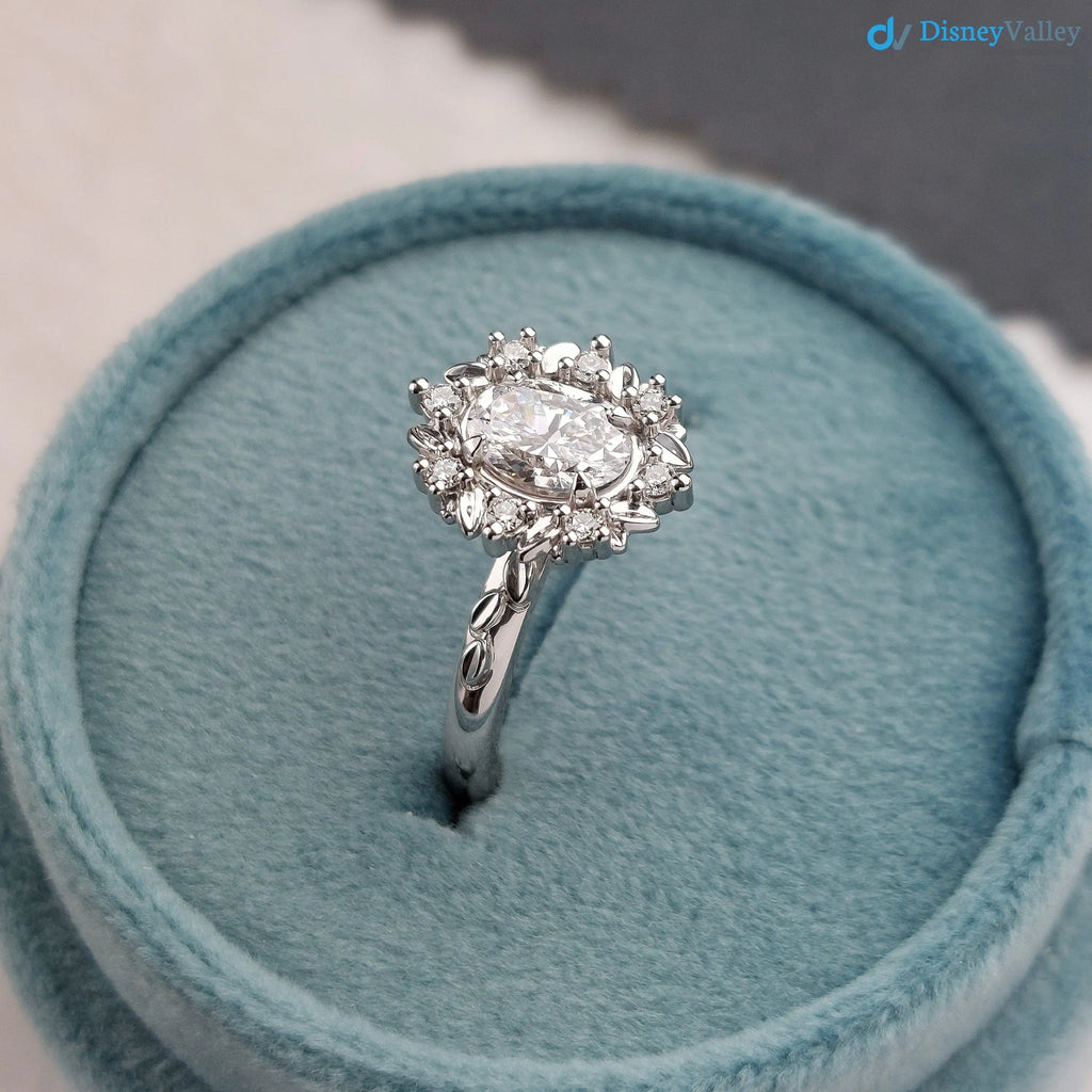Antique Style Halo Featuring an Oval Cut Moissanite Vintage Leaves Rings - DisneyValley