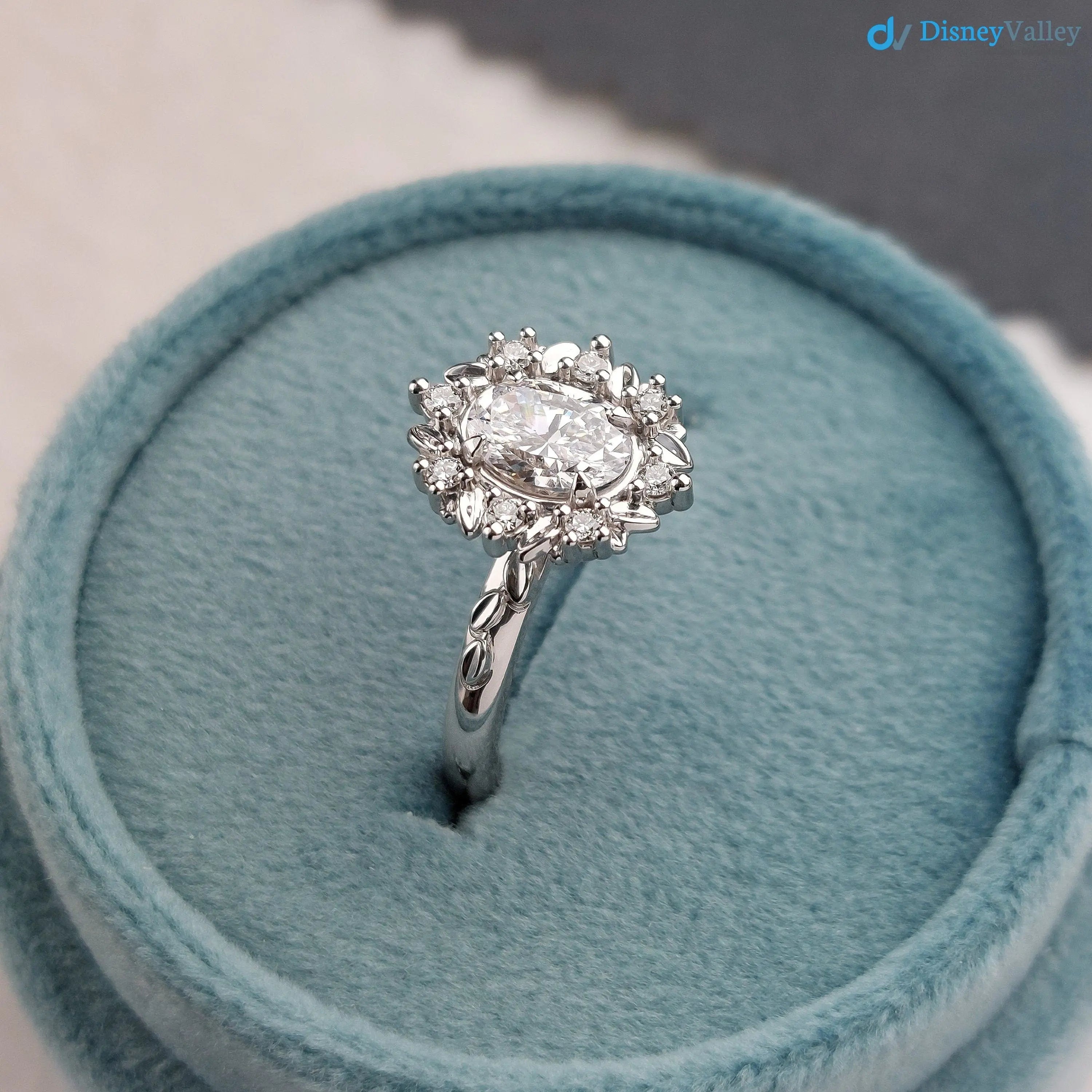 Antique Style Halo Featuring an Oval Cut Moissanite Vintage Leaves Rings - DisneyValley