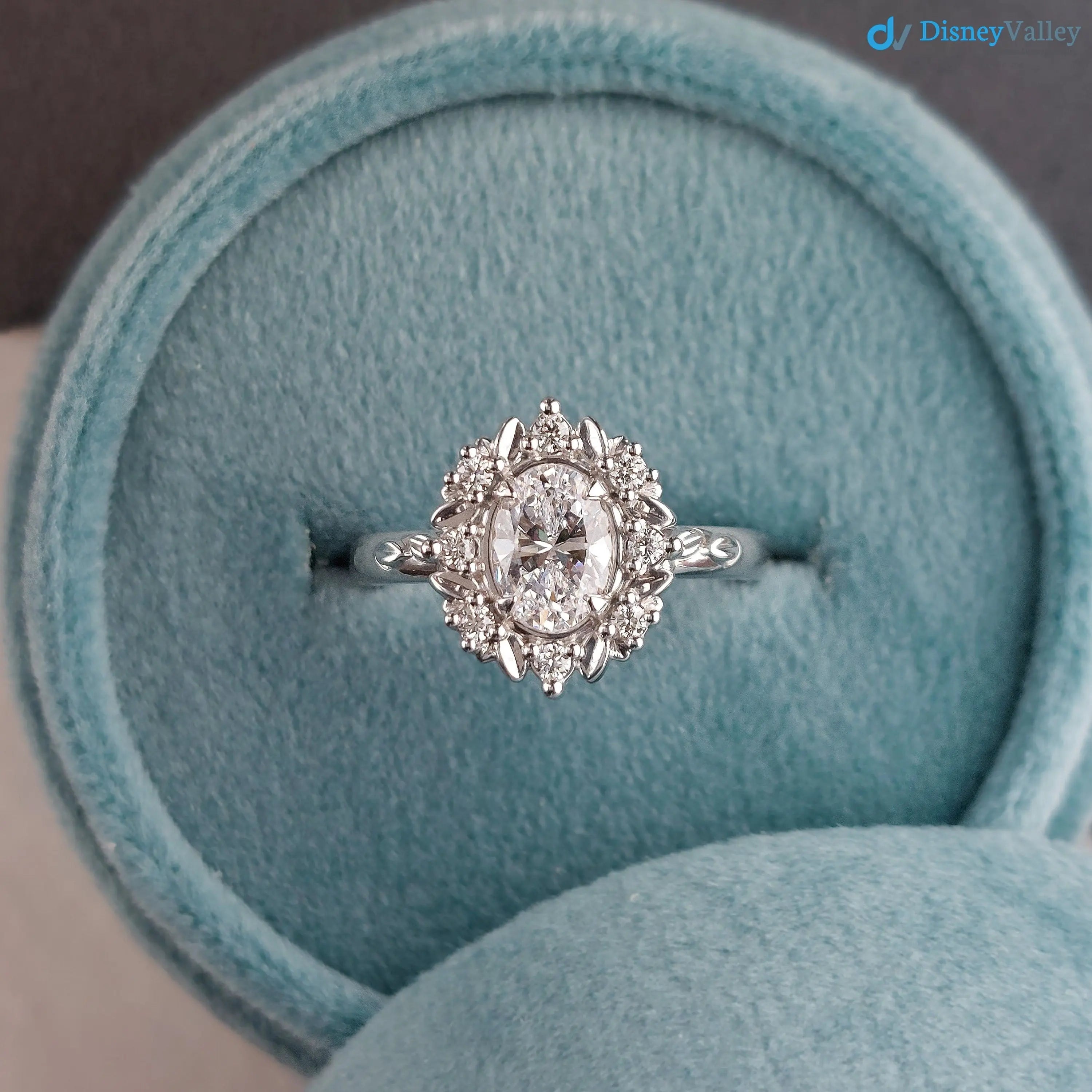 Antique Style Halo Featuring an Oval Cut Moissanite Vintage Leaves Rings - DisneyValley