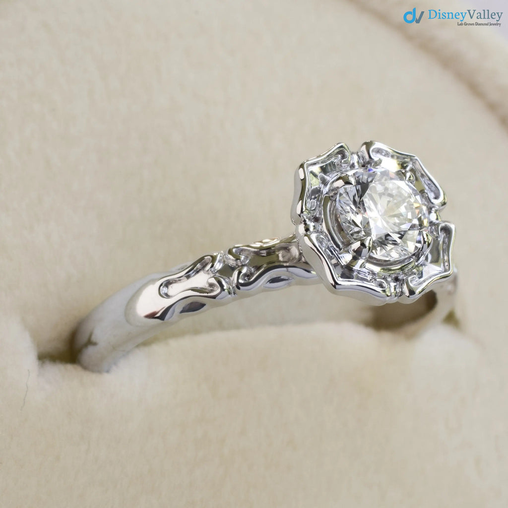 Antique Styling Flower Petals Halo Diamond Engagement Ring - DisneyValley