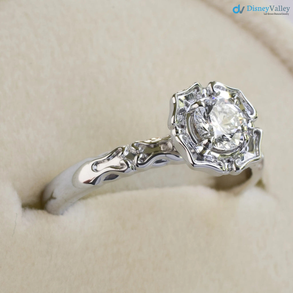Antique Styling Flower Petals Halo Diamond Engagement Ring - DisneyValley