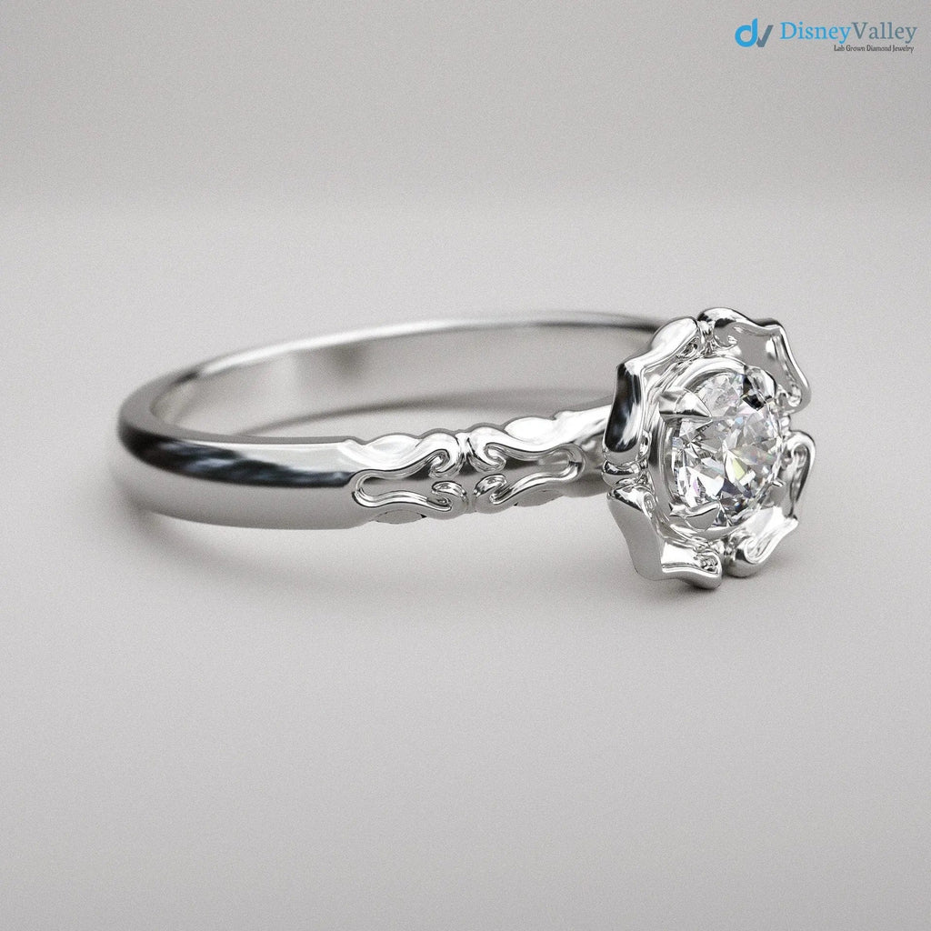 Antique Styling Flower Petals Halo Diamond Engagement Ring - DisneyValley
