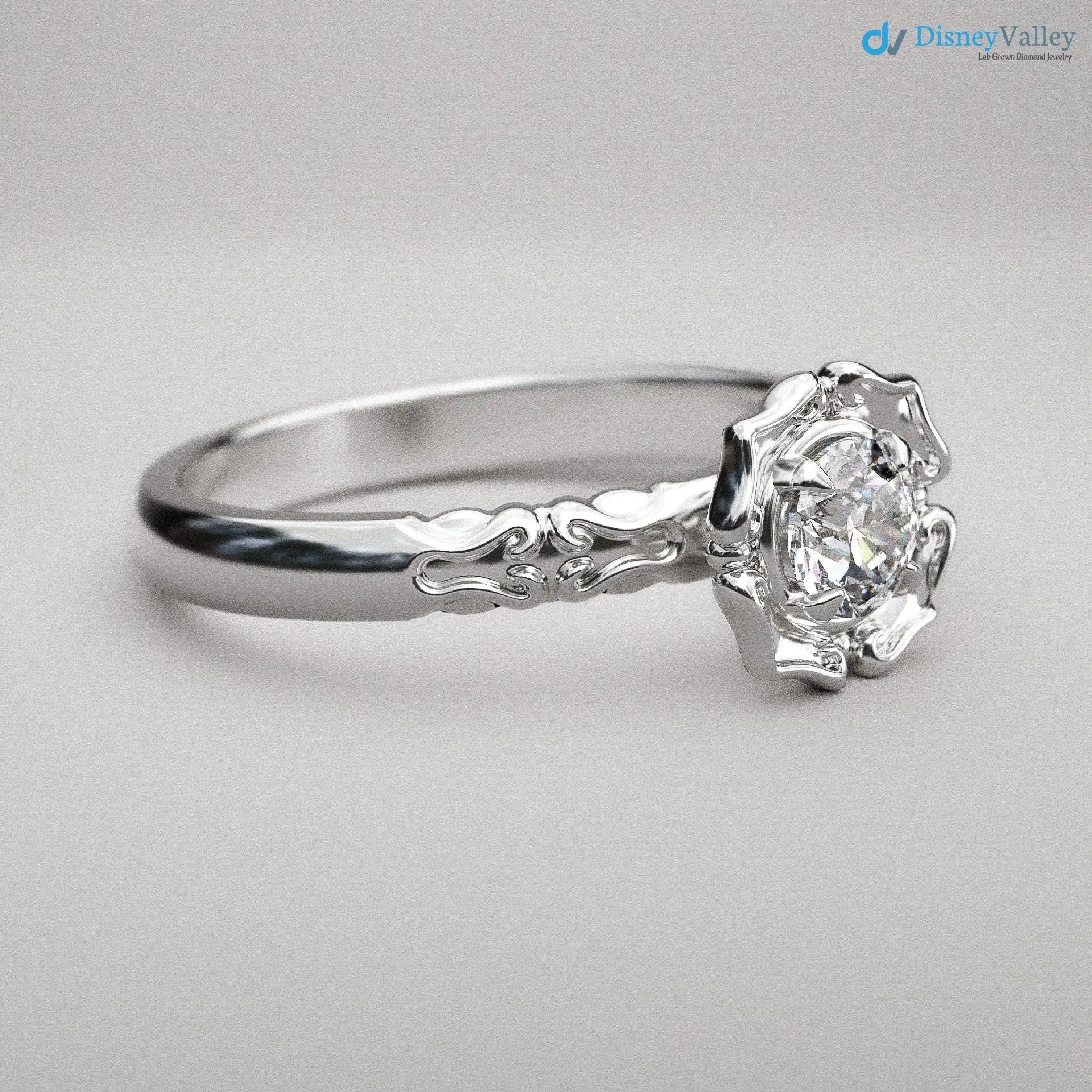 Antique Styling Flower Petals Halo Diamond Engagement Ring - DisneyValley