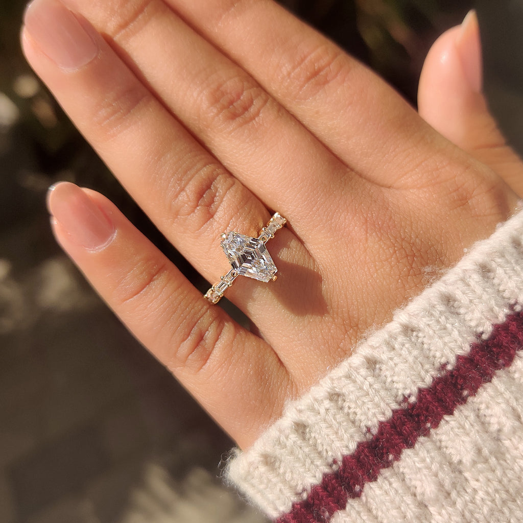 Squashed Hexagon Step Cut Ring with Baguette Cut Pave Band