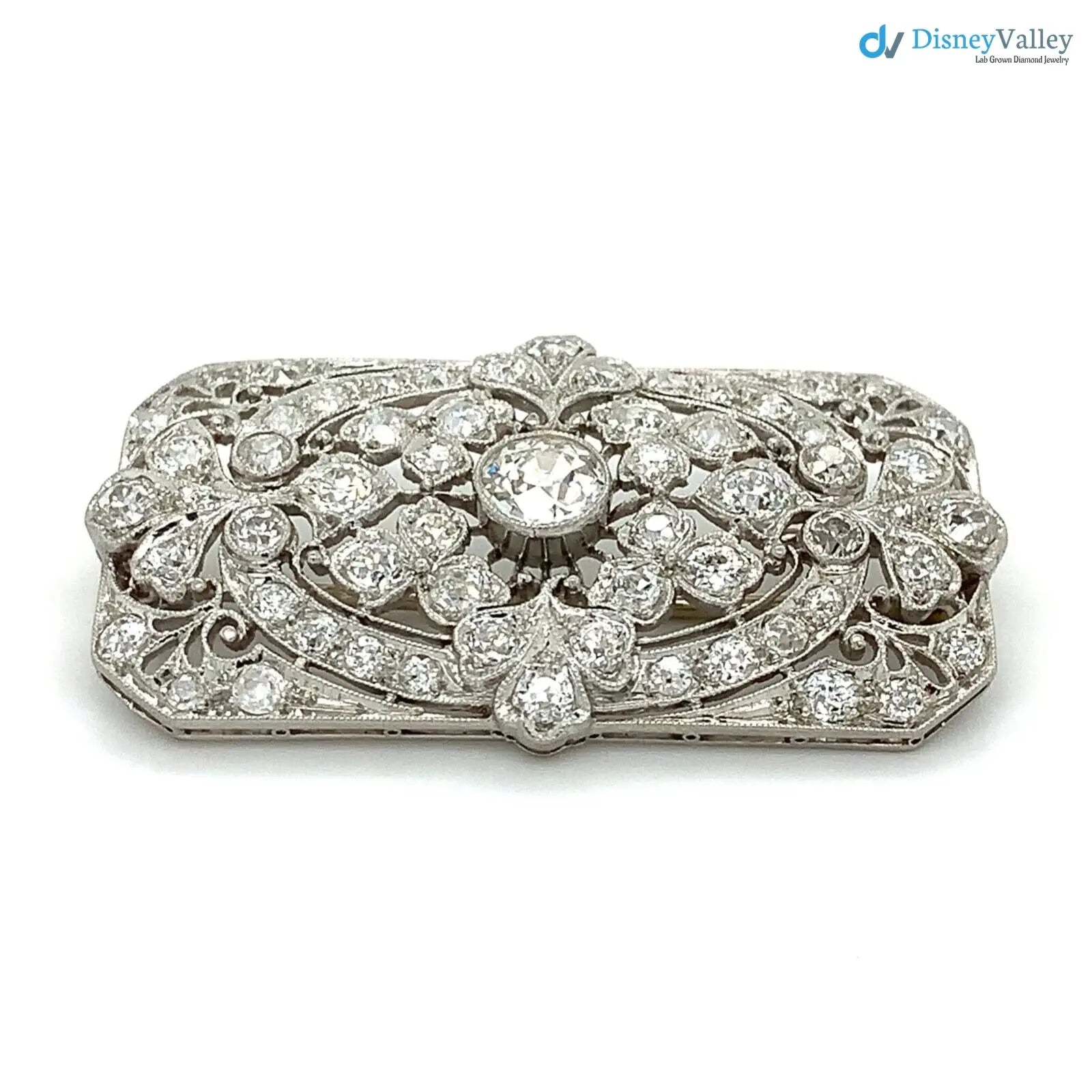 Art Deco Antique European Cut Chunky Diamond 3.5CTTW Milgrain brooch Pin DisneyValley Main image
