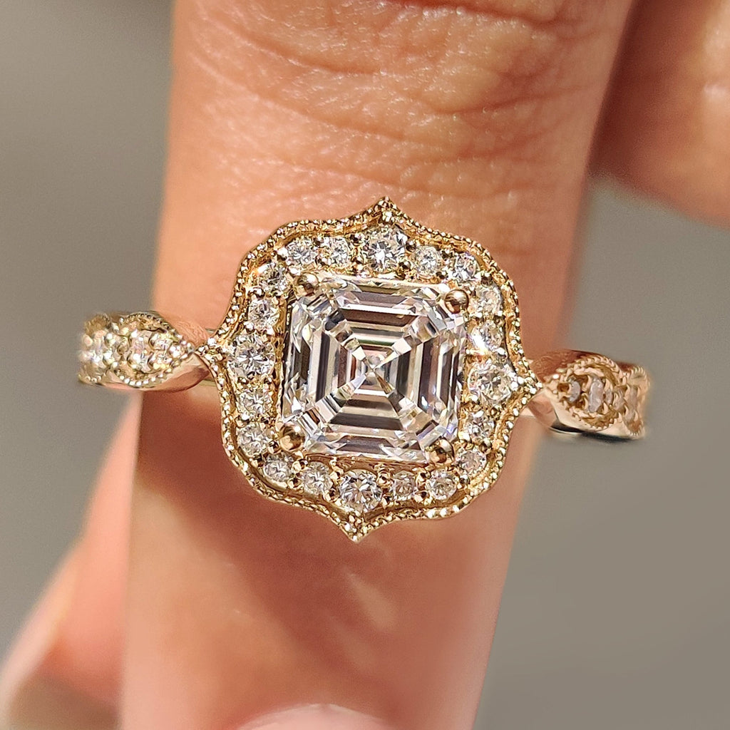 Vintage Style Asscher Cut Diamond Ring in Milgrain Details