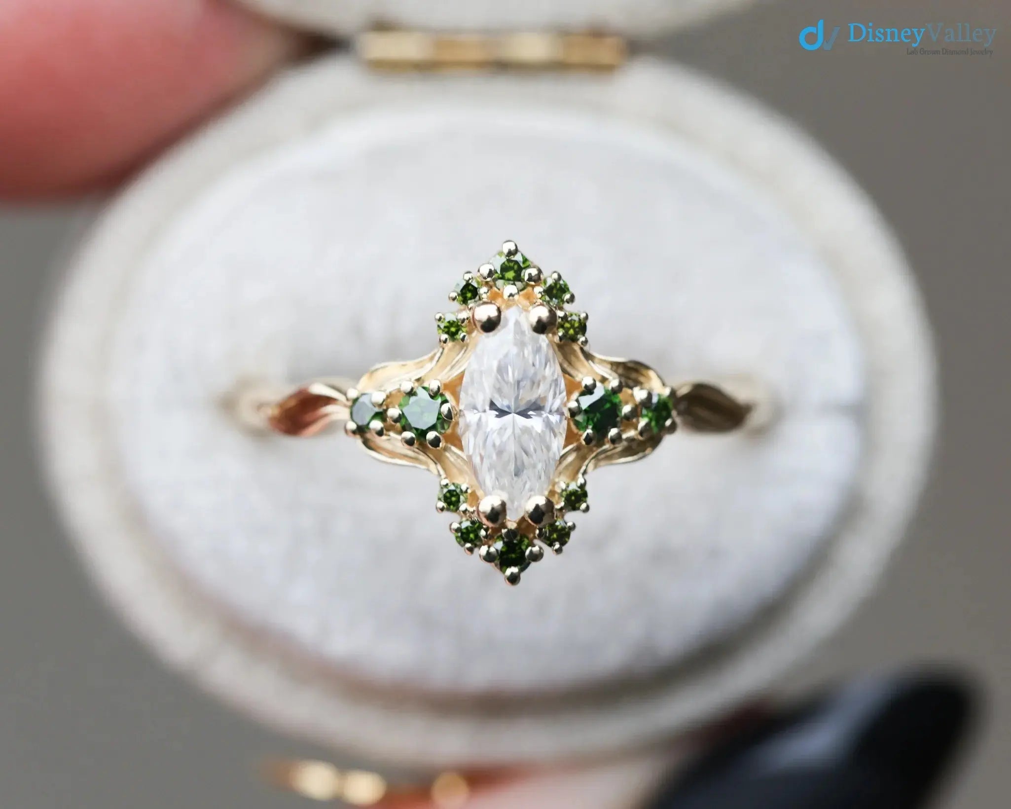 Astraea half halo with marquise and dark green irradiated diamonds engagement ring DisneyValley