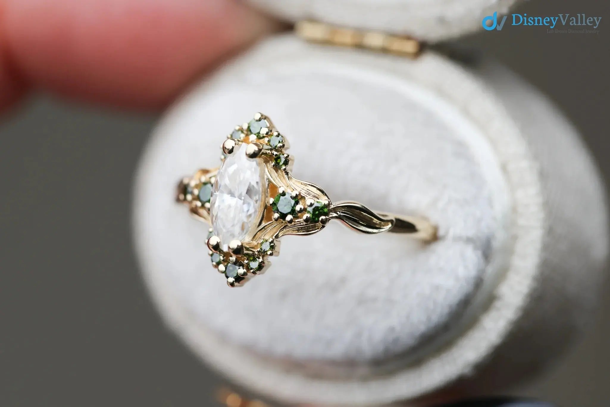 Astraea half halo with marquise and dark green irradiated diamonds engagement ring DisneyValley