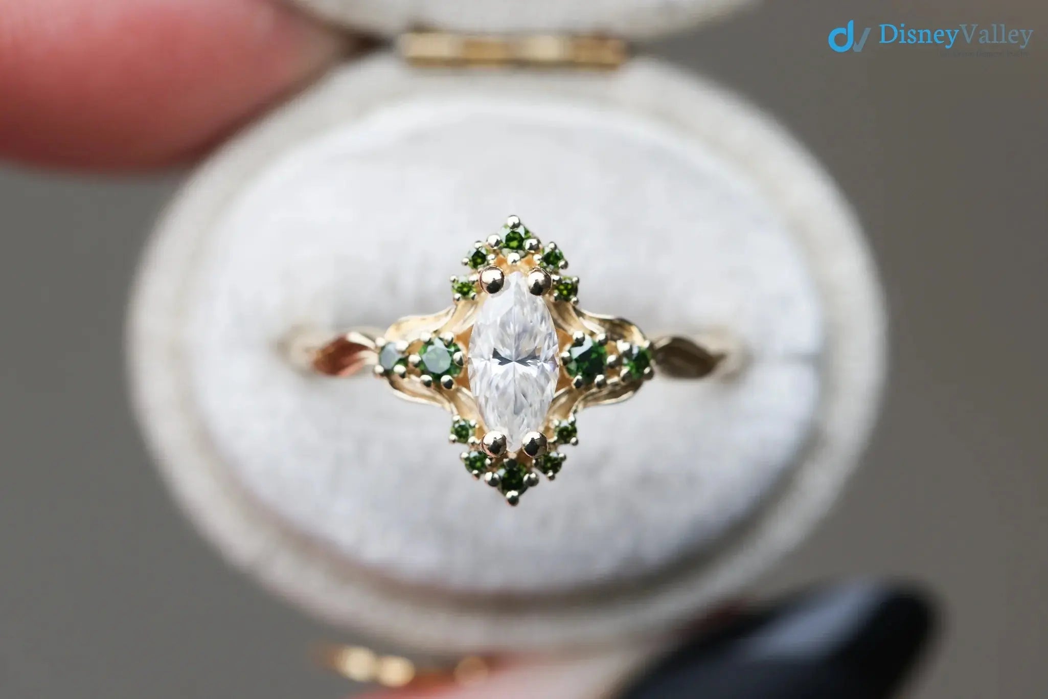 Astraea half halo with marquise and dark green irradiated diamonds engagement ring DisneyValley