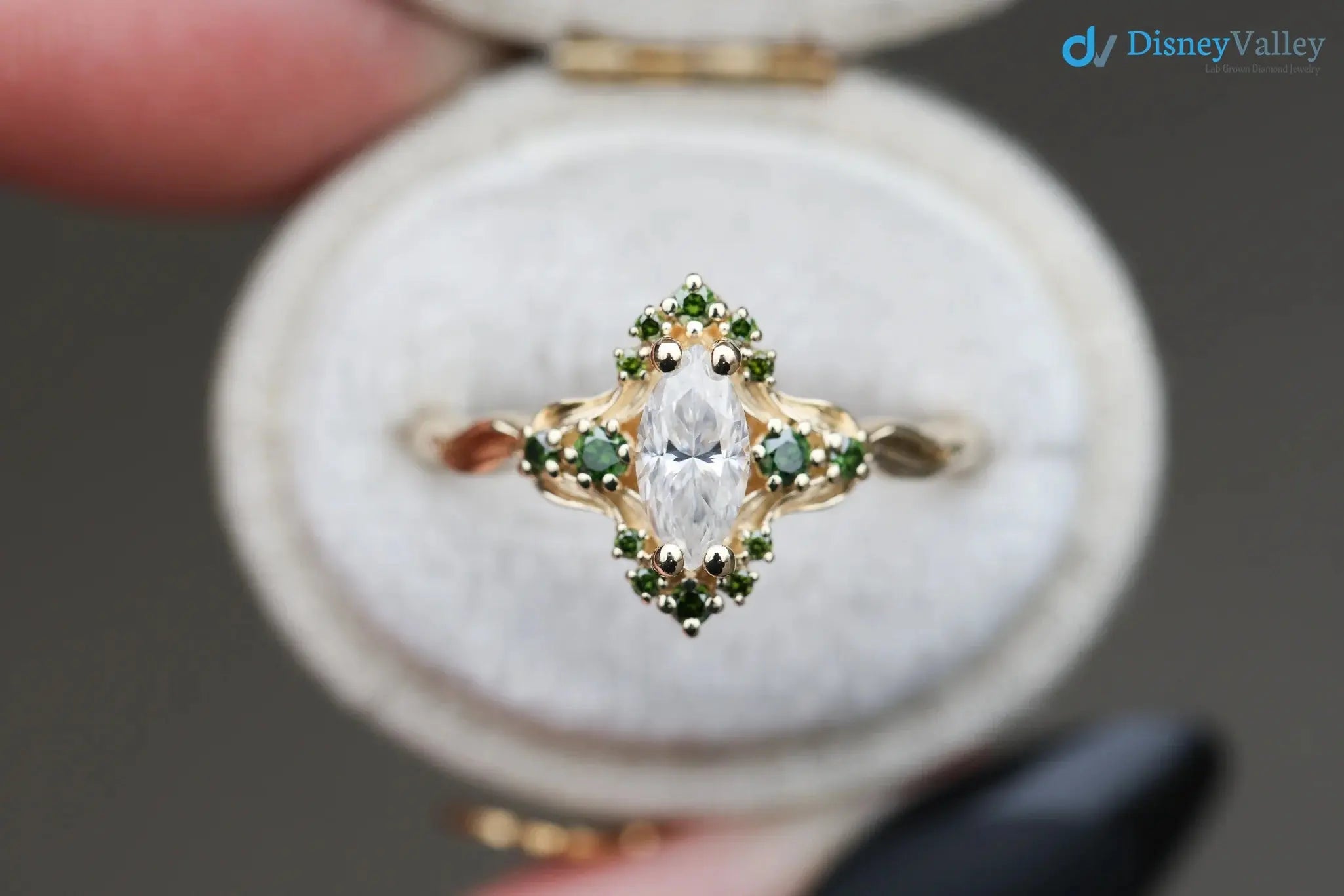 Astraea half halo with marquise and dark green irradiated diamonds engagement ring DisneyValley
