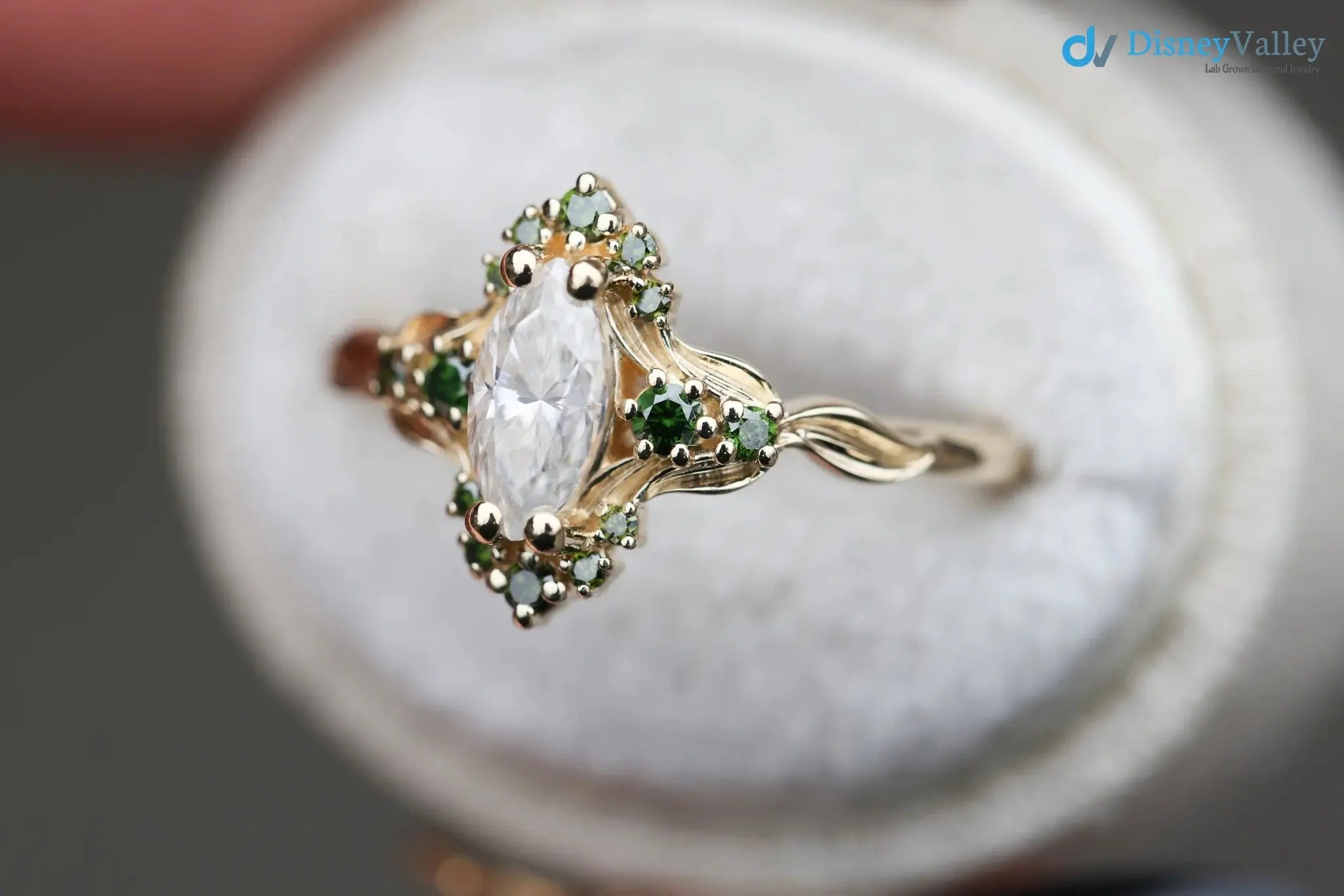 Astraea half halo with marquise and dark green irradiated diamonds engagement ring DisneyValley