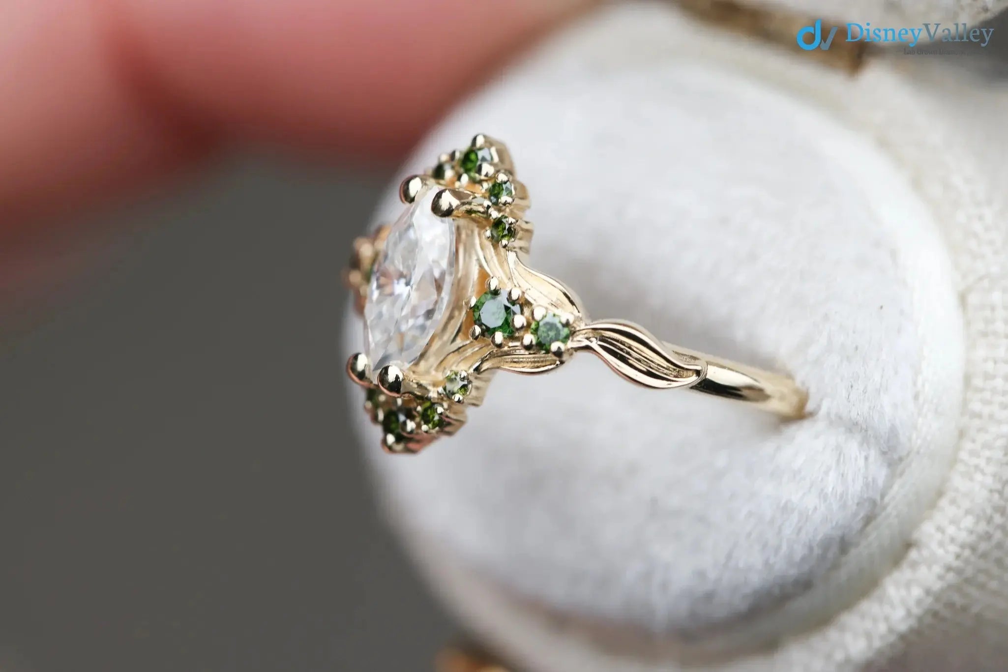 Astraea half halo with marquise and dark green irradiated diamonds engagement ring DisneyValley