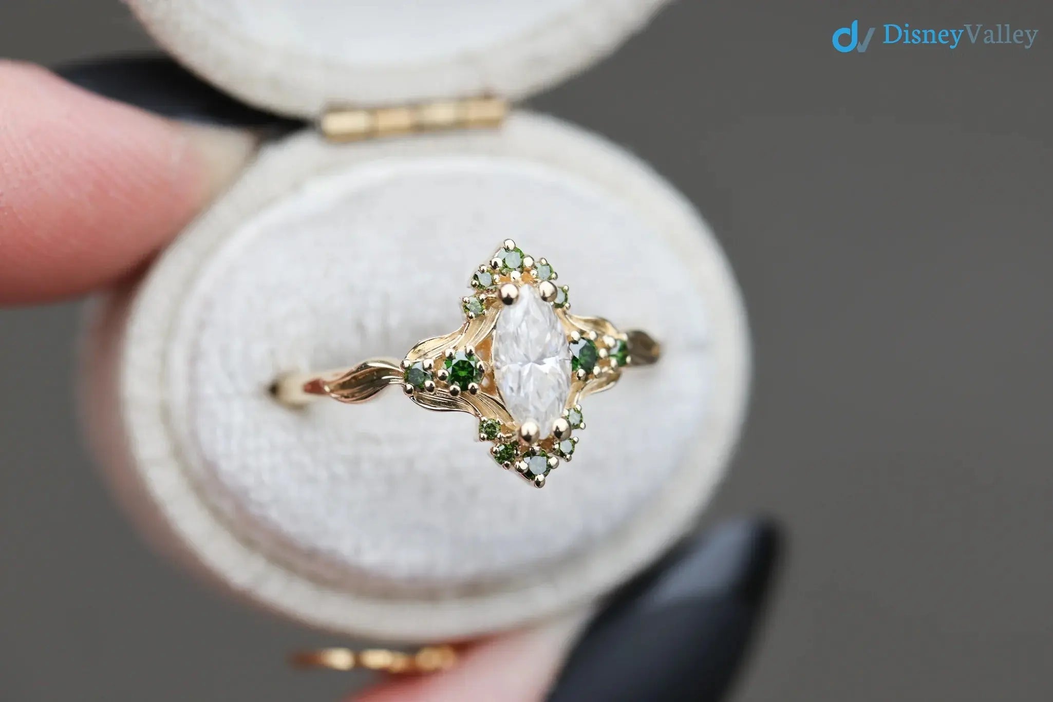 Astraea half halo with marquise and dark green irradiated diamonds engagement ring DisneyValley