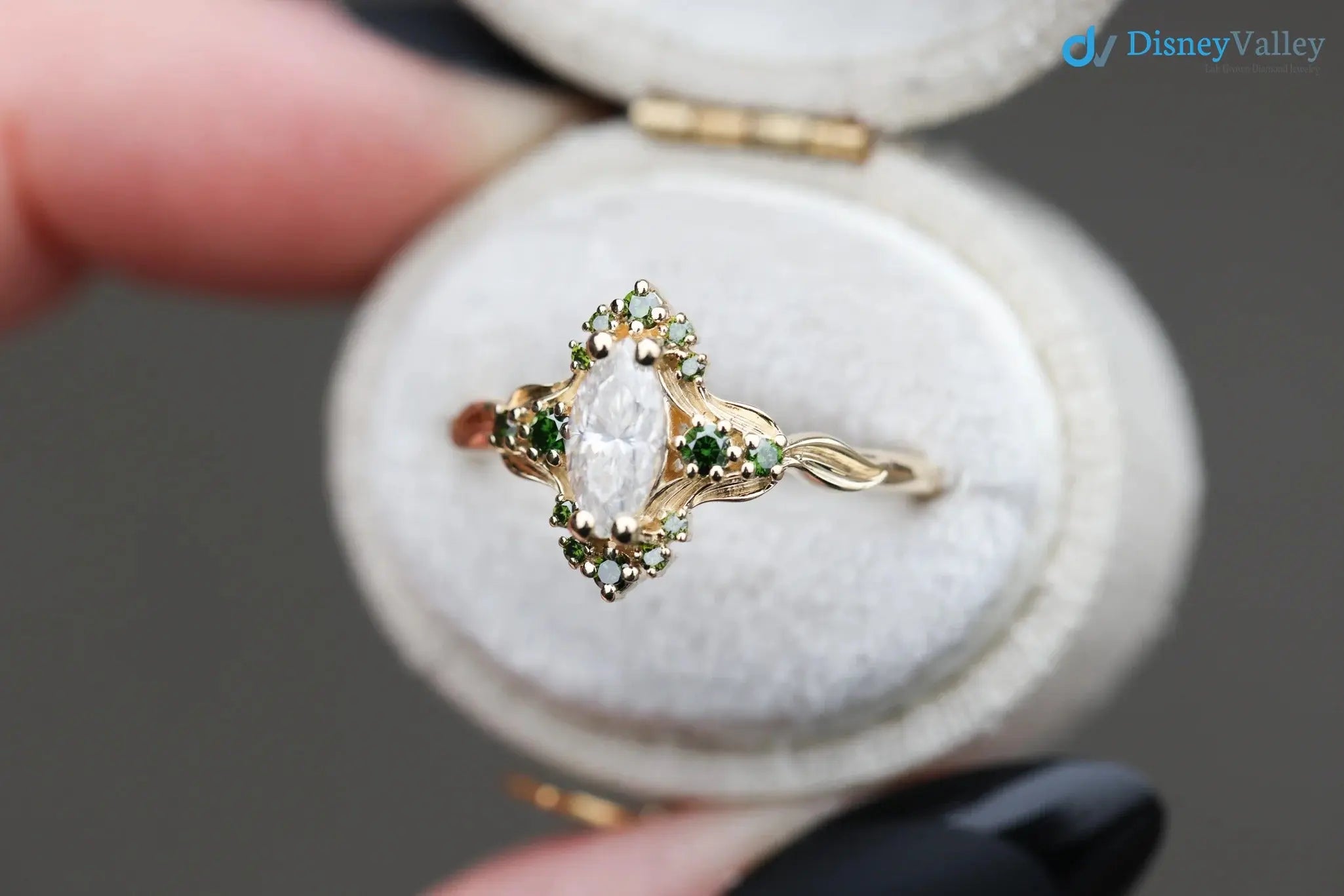 Astraea half halo with marquise and dark green irradiated diamonds engagement ring DisneyValley