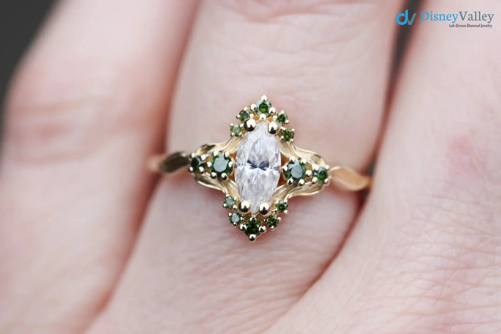 Astraea half halo with marquise and dark green irradiated diamonds engagement ring DisneyValley