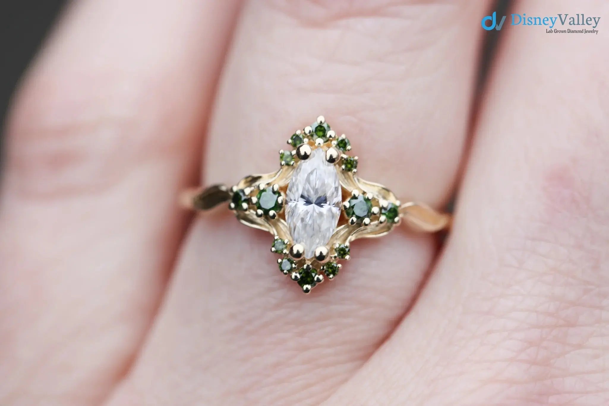 Astraea half halo with marquise and dark green irradiated diamonds engagement ring DisneyValley