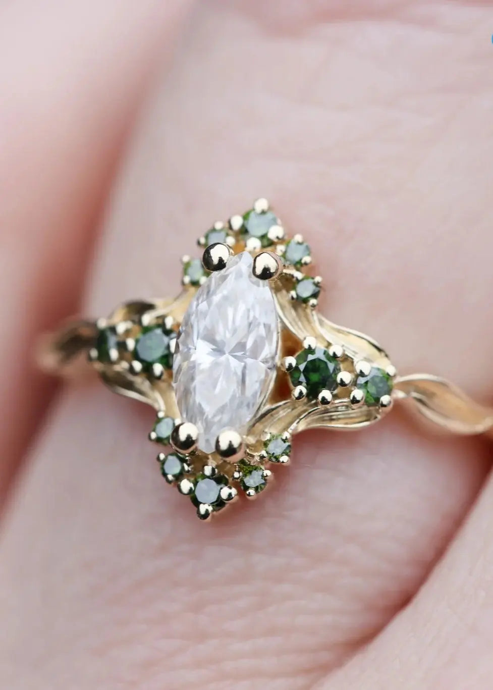 Astraea half halo with marquise and dark green irradiated diamonds engagement ring DisneyValley