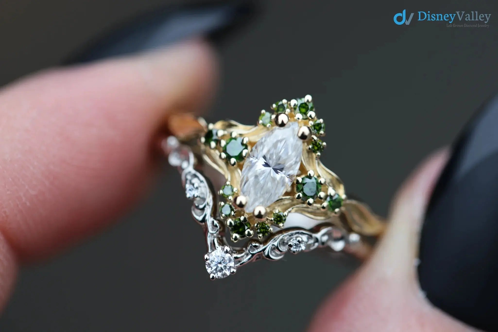 Astraea half halo with marquise and dark green irradiated diamonds engagement ring DisneyValley