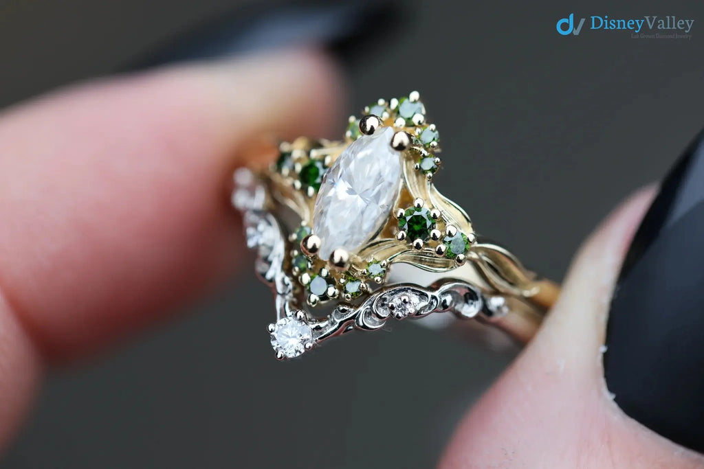 Astraea half halo with marquise and dark green irradiated diamonds engagement ring DisneyValley