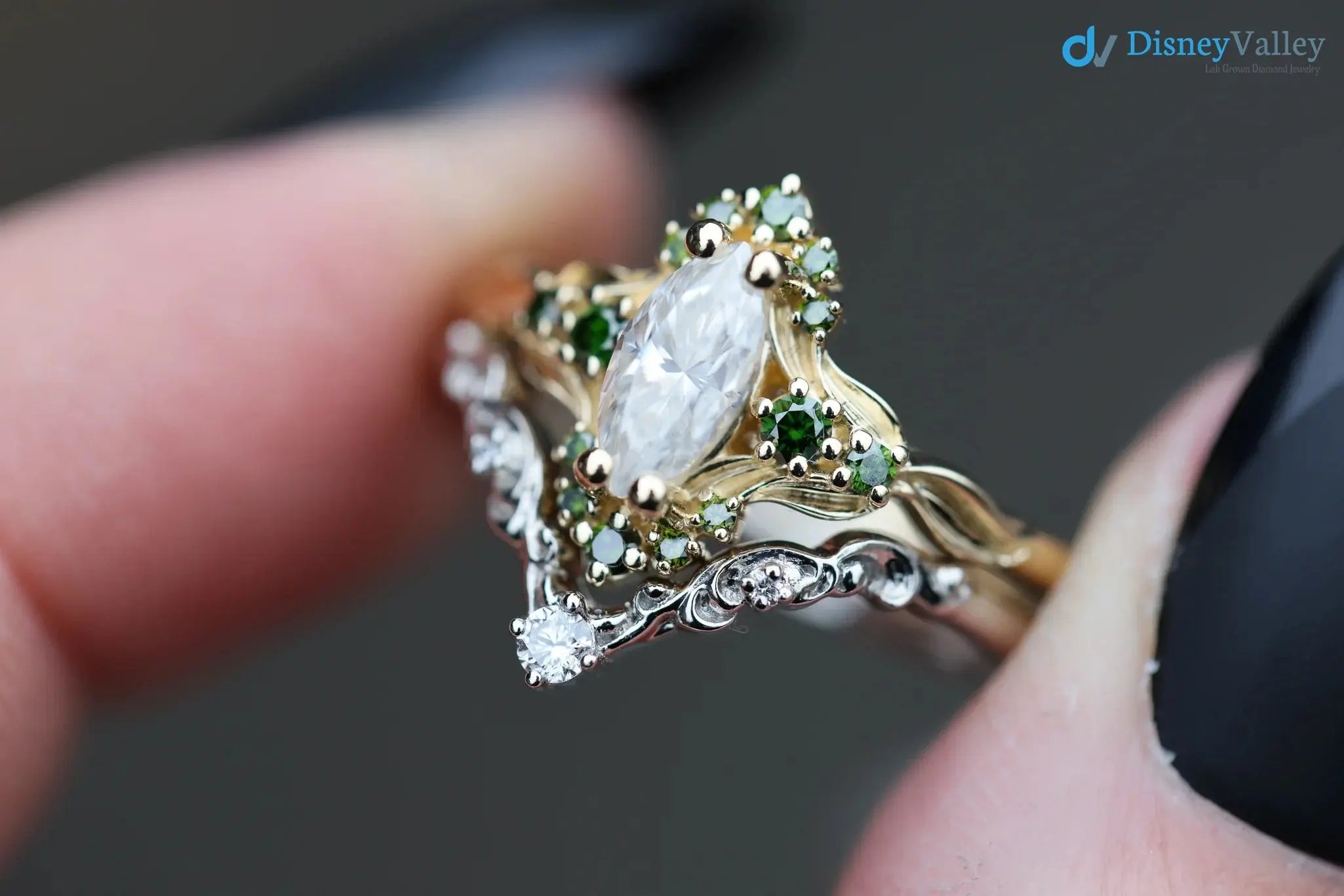 Astraea half halo with marquise and dark green irradiated diamonds engagement ring DisneyValley