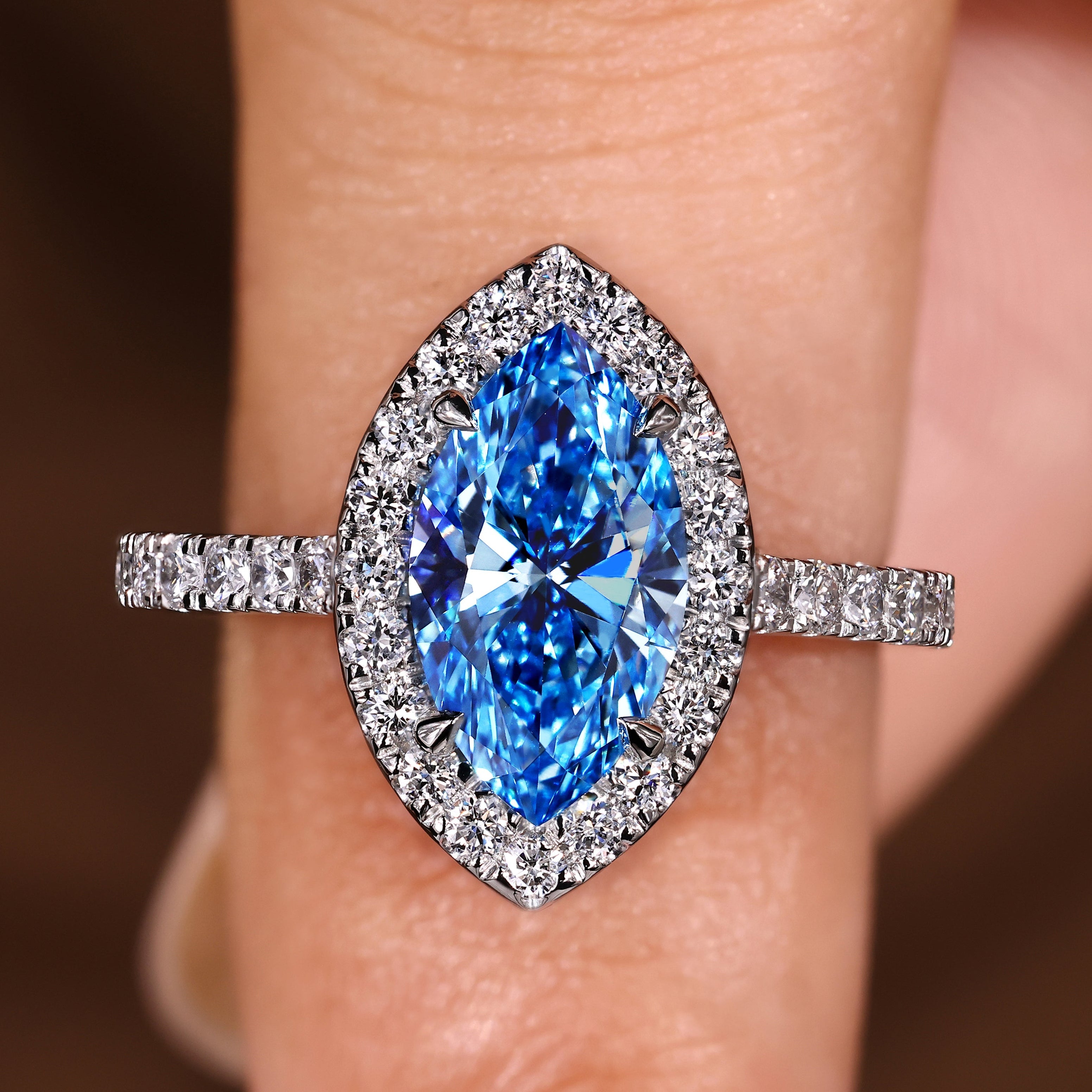 Blue Marquise Cut Diamond Ring in Halo Style Main image