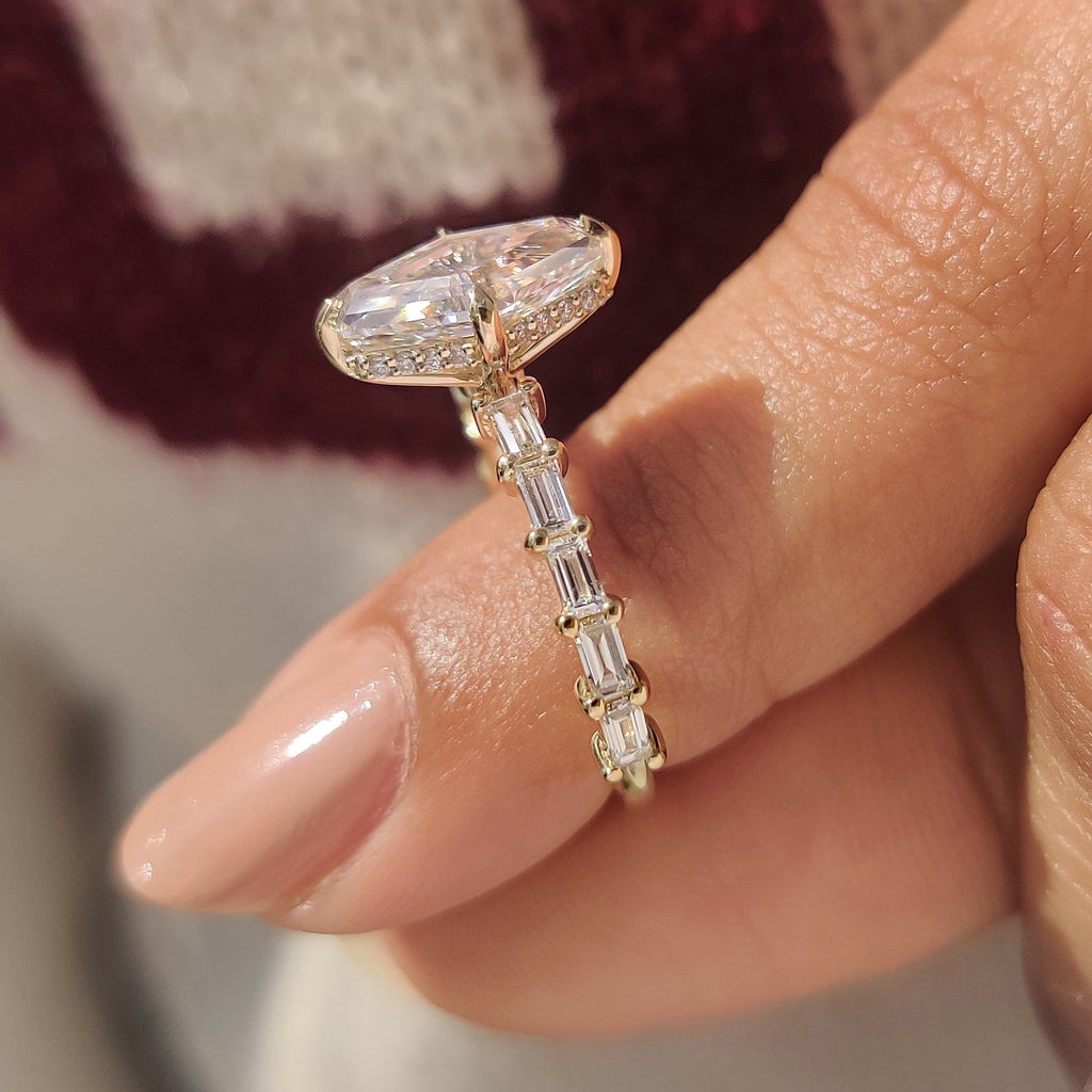 Squashed Hexagon Step Cut Ring with Baguette Cut Pave Band