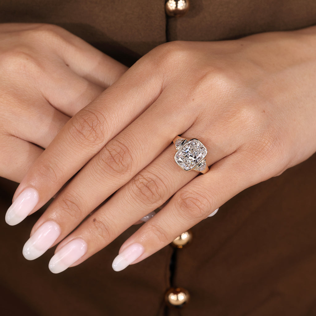 IGI Certified 5-10 Carat Elongated Cushion Cut Ring in bezel setting