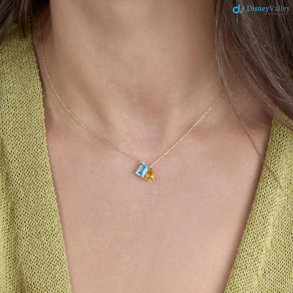 Blue Topaz and Citrine Toi et Moi Necklace Dainty Two-Gemstone Necklace DisneyValley