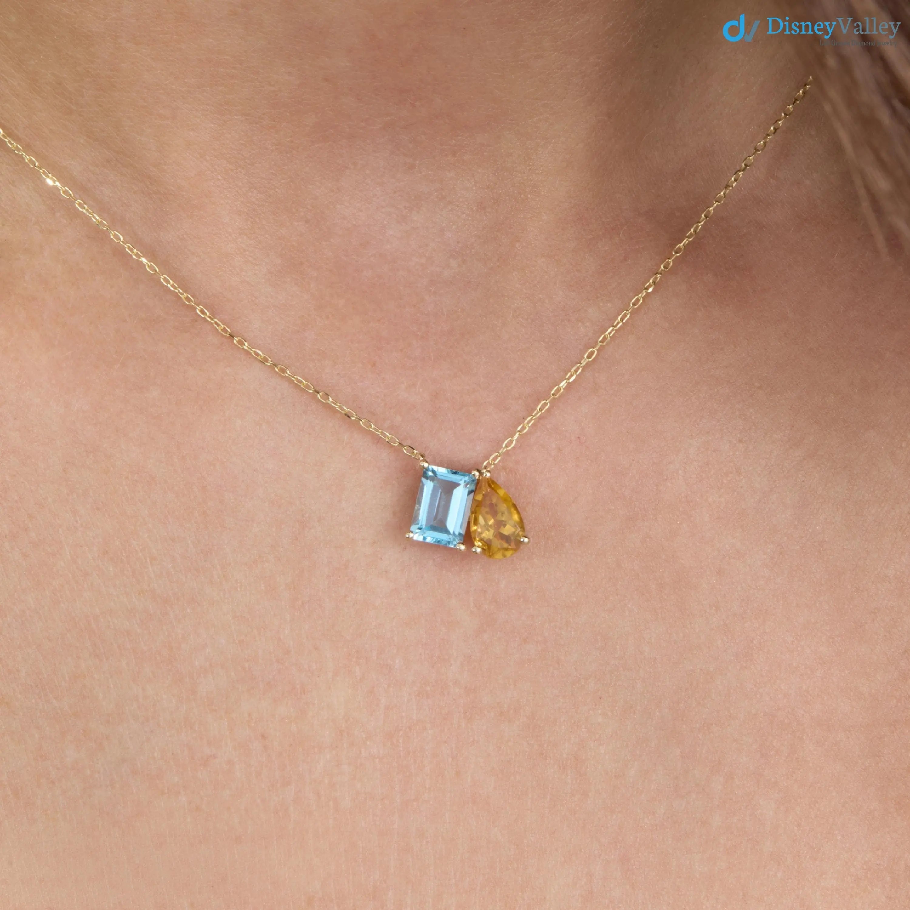 Blue Topaz and Citrine Toi et Moi Necklace Dainty Two-Gemstone Necklace DisneyValley
