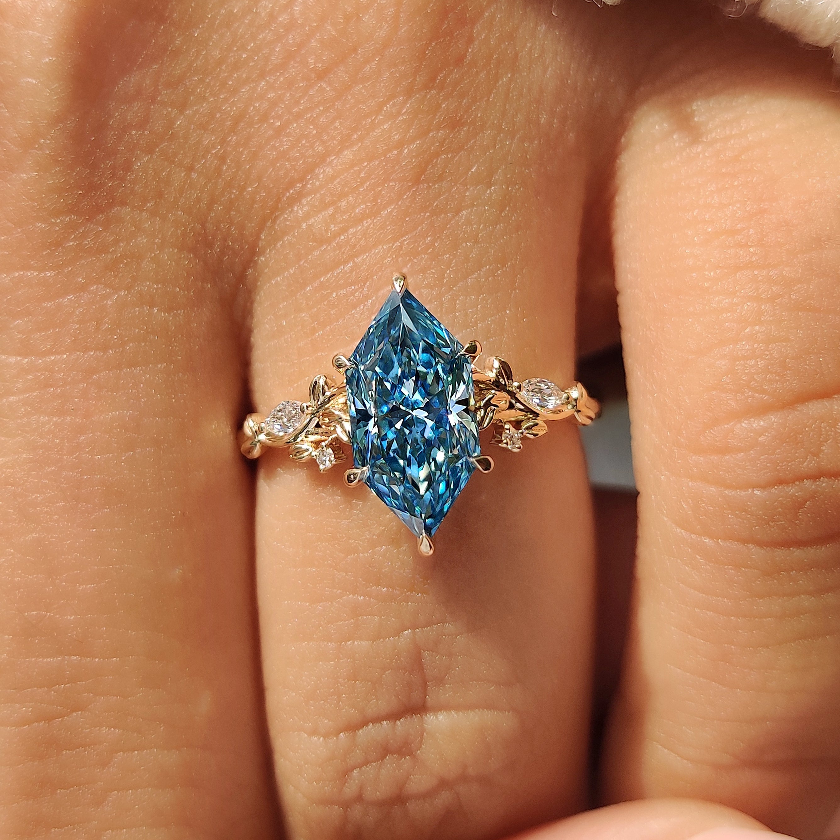 Blue Dutch Marquise Nature Inspired Engagement Ring With Side Stone