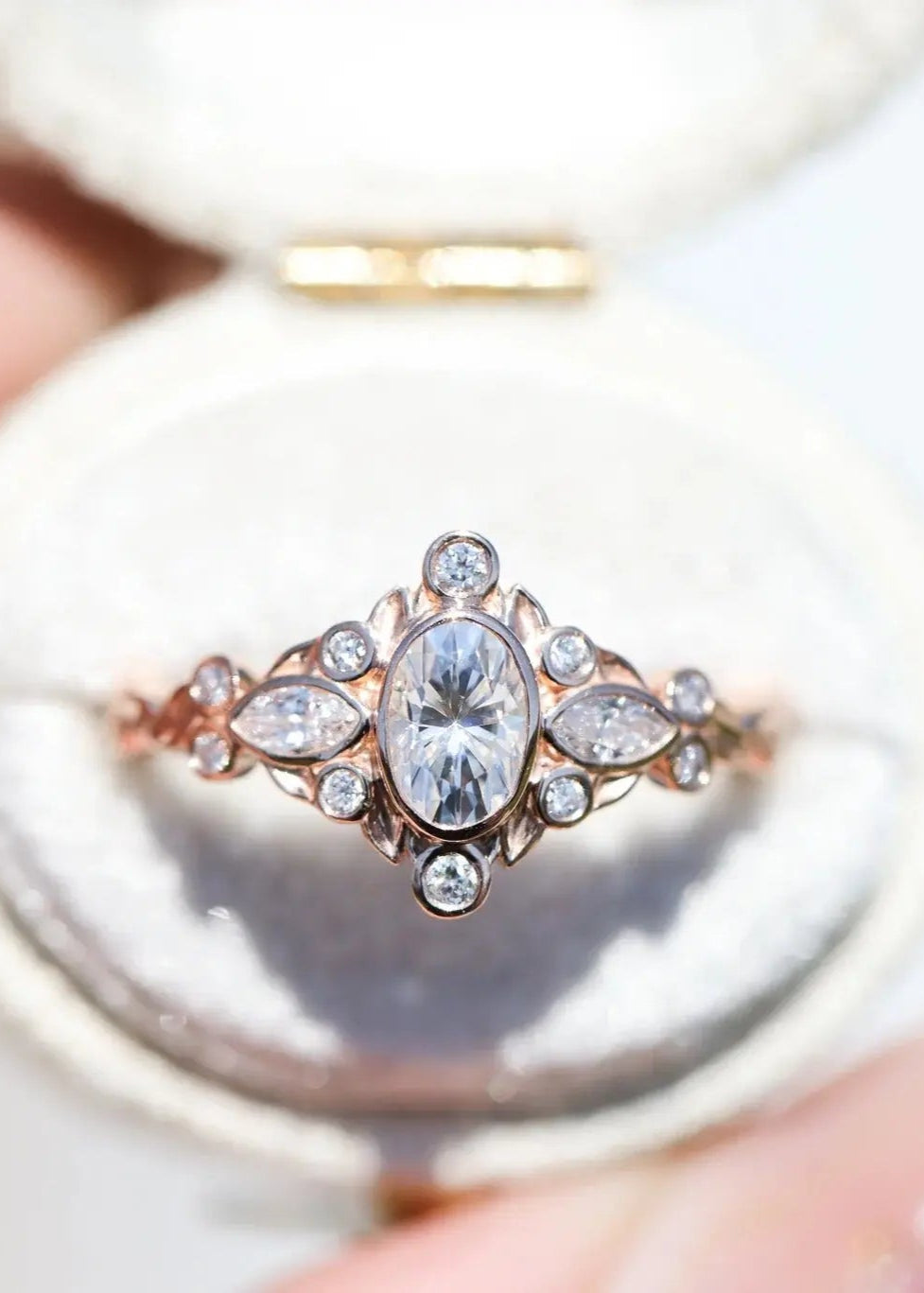 Briar bezel three stone oval and marquise lab grown diamond engagement rings DisneyValley Main image