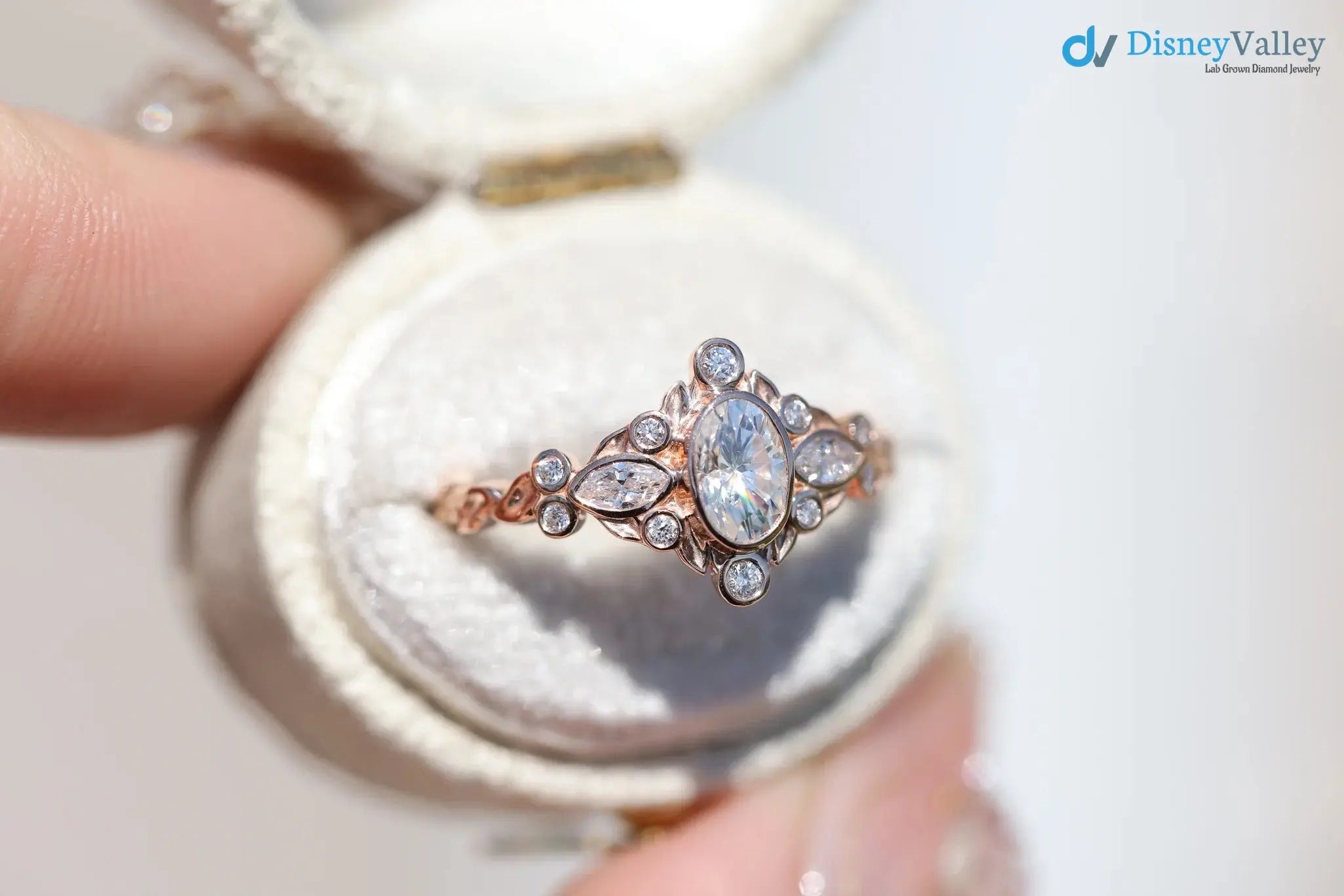 Briar bezel three stone oval and marquise lab grown diamond engagement rings DisneyValley