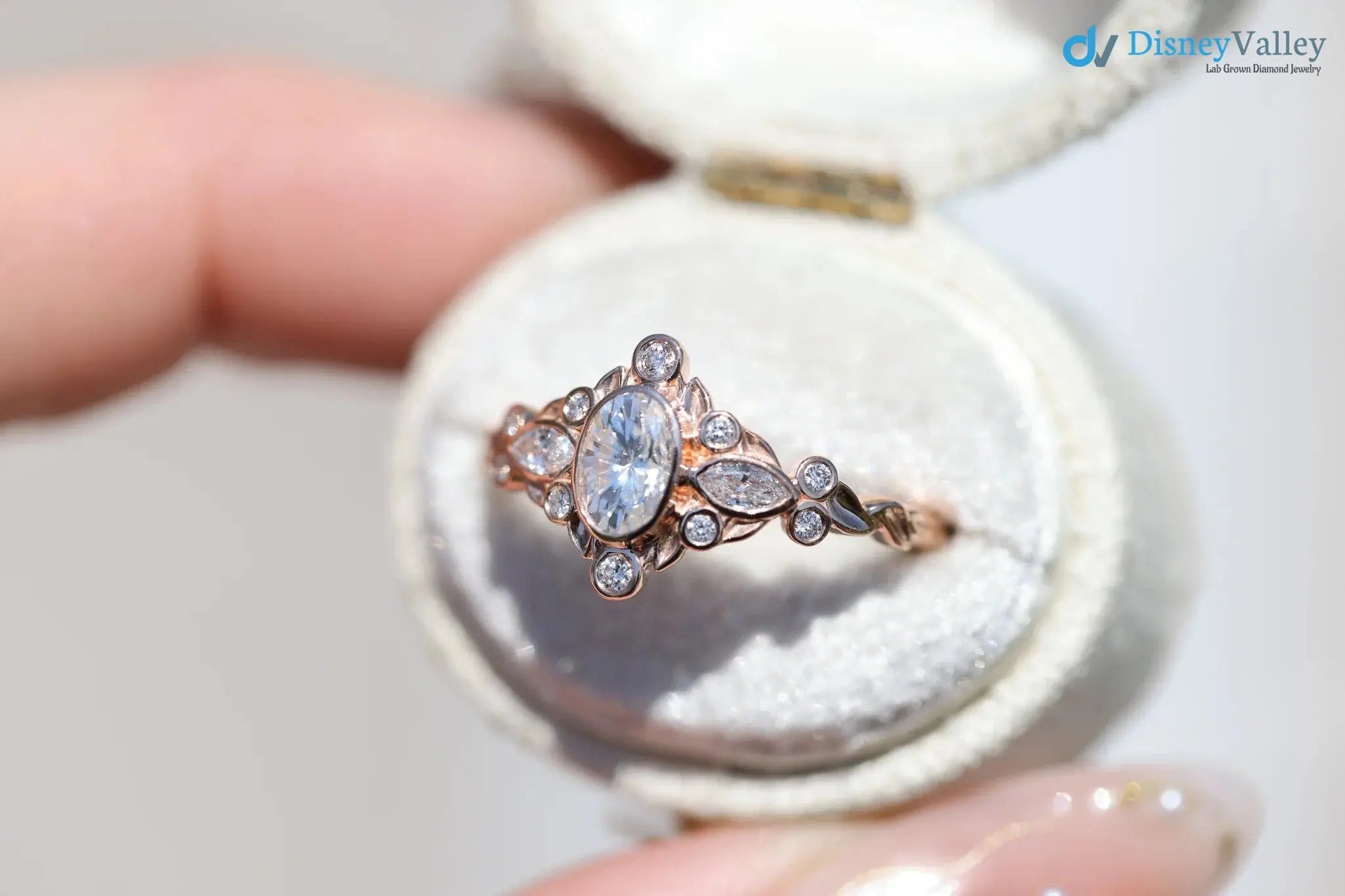 Briar bezel three stone oval and marquise lab grown diamond engagement rings DisneyValley