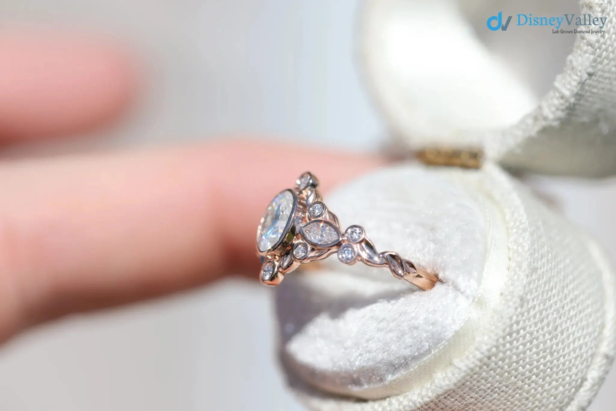 Briar bezel three stone oval and marquise lab grown diamond engagement rings DisneyValley