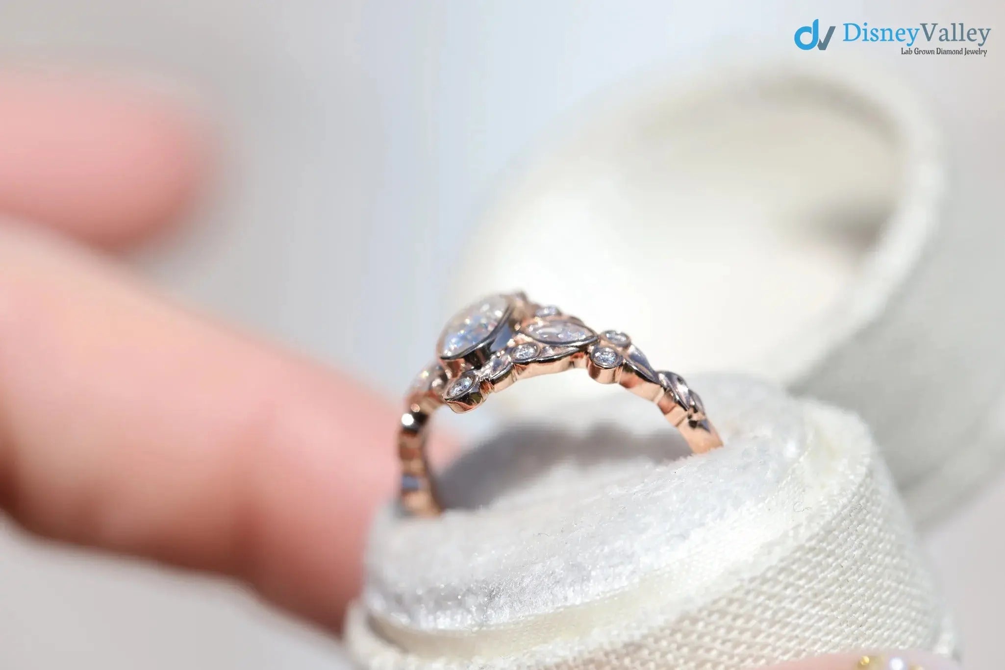 Briar bezel three stone oval and marquise lab grown diamond engagement rings DisneyValley