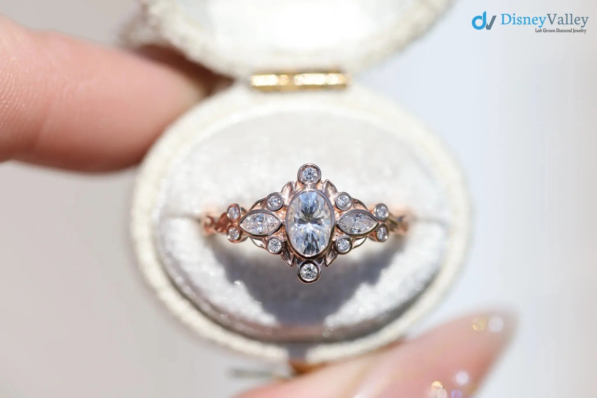 Briar bezel three stone oval and marquise lab grown diamond engagement rings DisneyValley