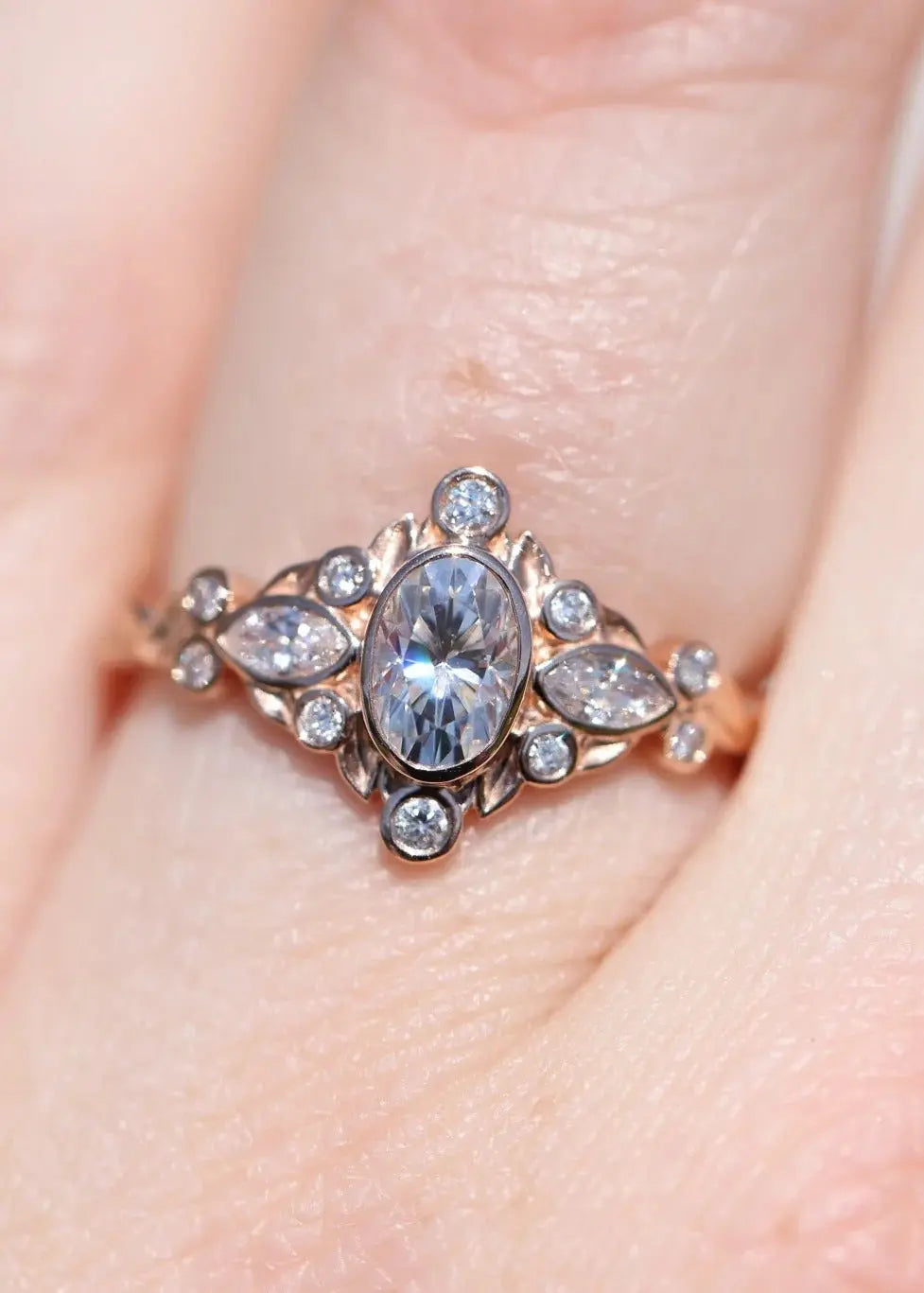 Briar bezel three stone oval and marquise lab grown diamond engagement rings DisneyValley