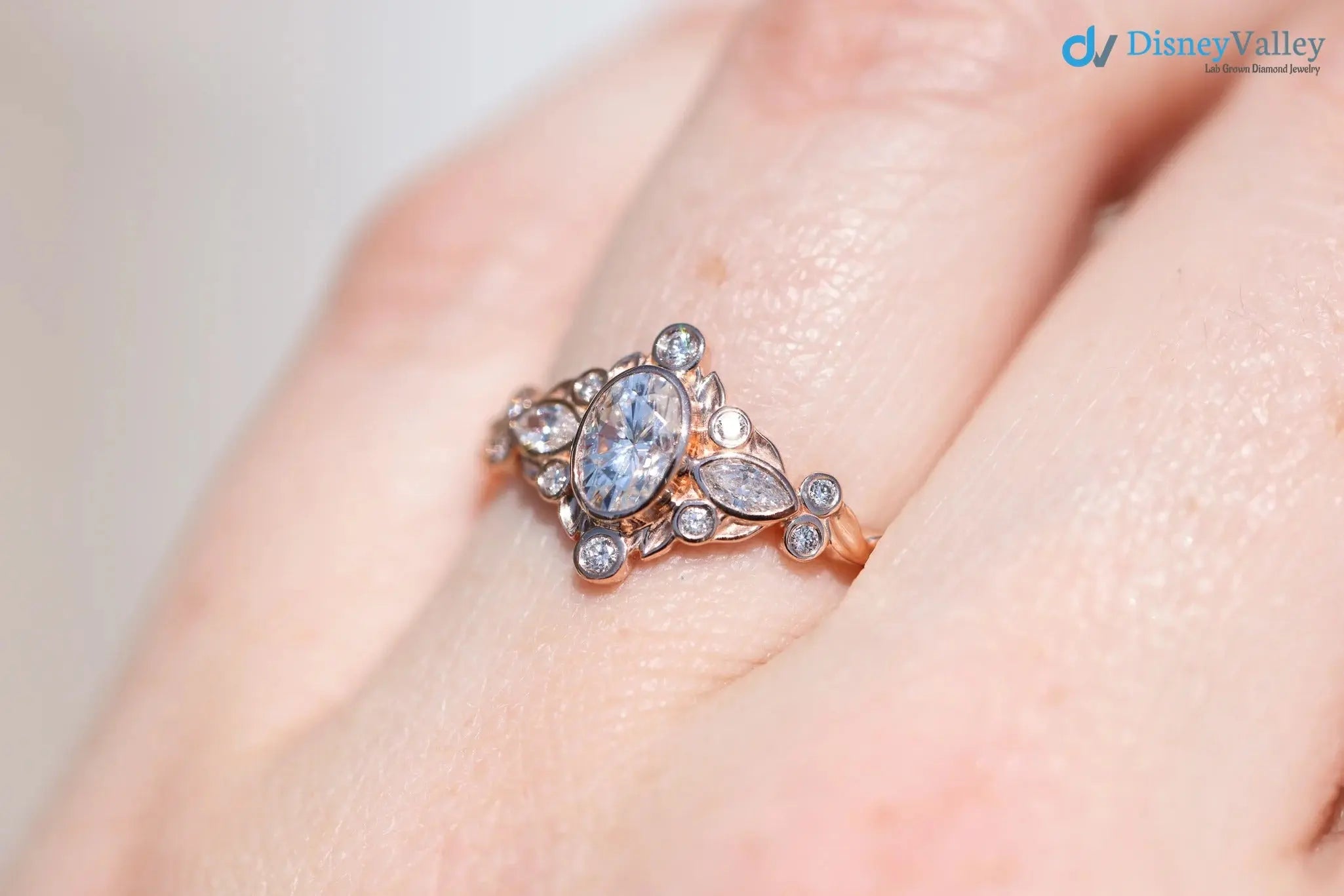 Briar bezel three stone oval and marquise lab grown diamond engagement rings DisneyValley